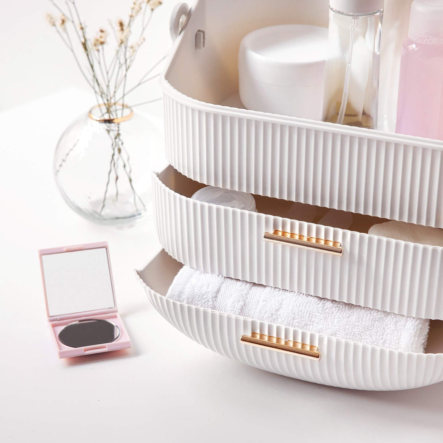 Navaris Makeup Organizer Storage Box - Cosmetics, Skincare and Beauty Case with Clear Lid Display and 2 Drawers - Bathroom Counter or Vanity - White