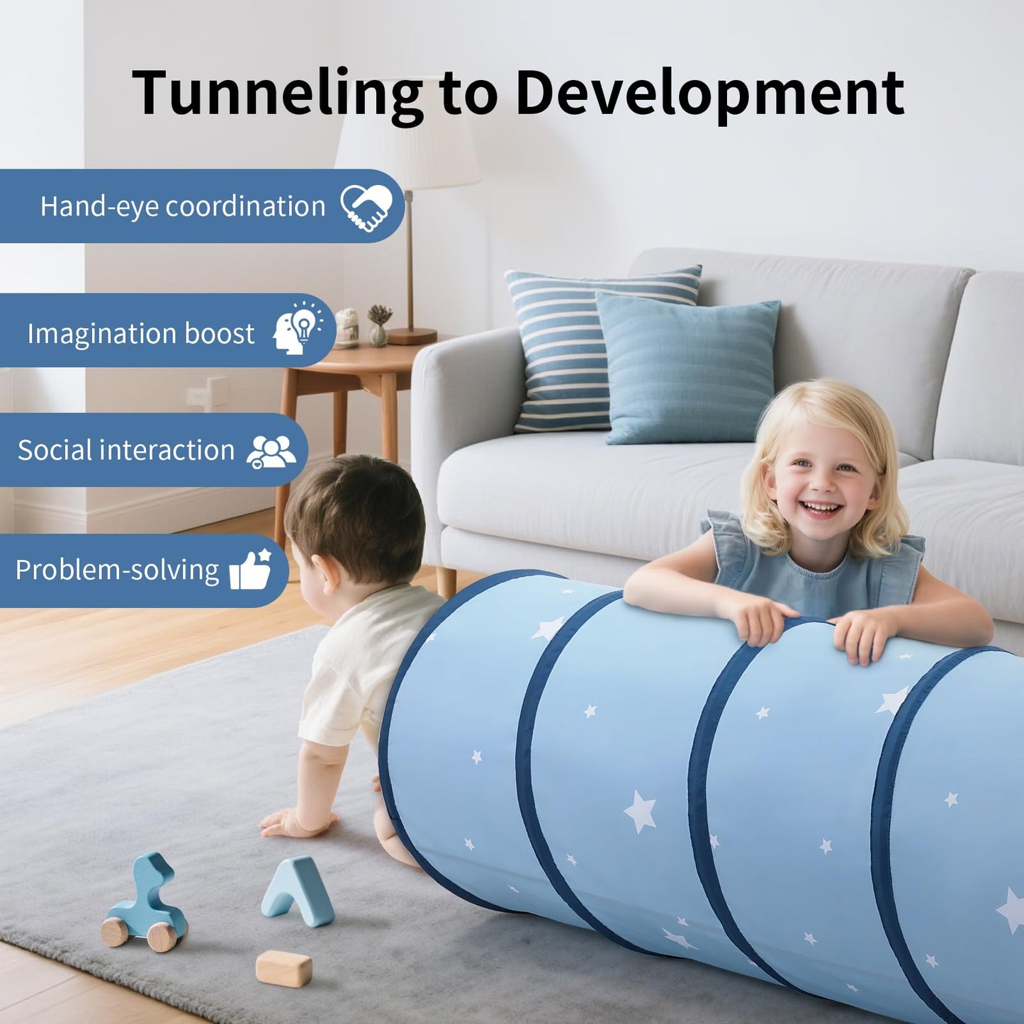 SweHouse Tunnel for Toddlers: 69" x 18" Baby Crawl Tunnel for Kids - Bule Indoor & Outdoor Toys for Toddlers - Birthday Gift for Boys & Girls - Peachskin Fabric Obstacle Training for Dogs Pets