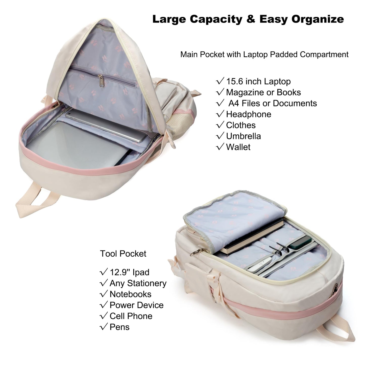 Laptop Backpacks 15.6 Inch School Bags College Backpack Anti Theft Travel Daypack Large Bookbags for Teens Girls Women (Off-white)