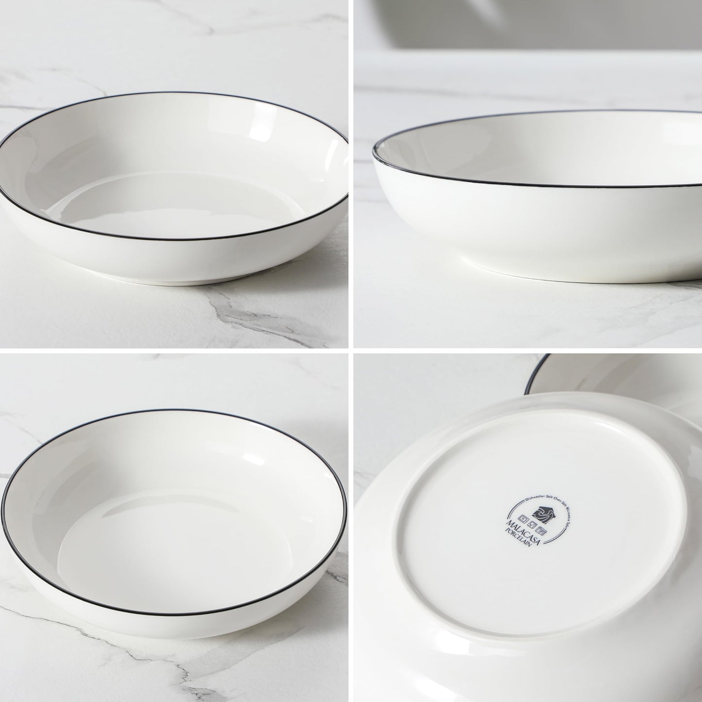 MALACASA 8.85" Large Pasta Bowls, 42 OZ White Salad Bowls Soup Bowls, Porcelain Serving Bowls Set of 6, Ivory White with Black Rim, Microwave & Dishwasher Safe, Series Regular