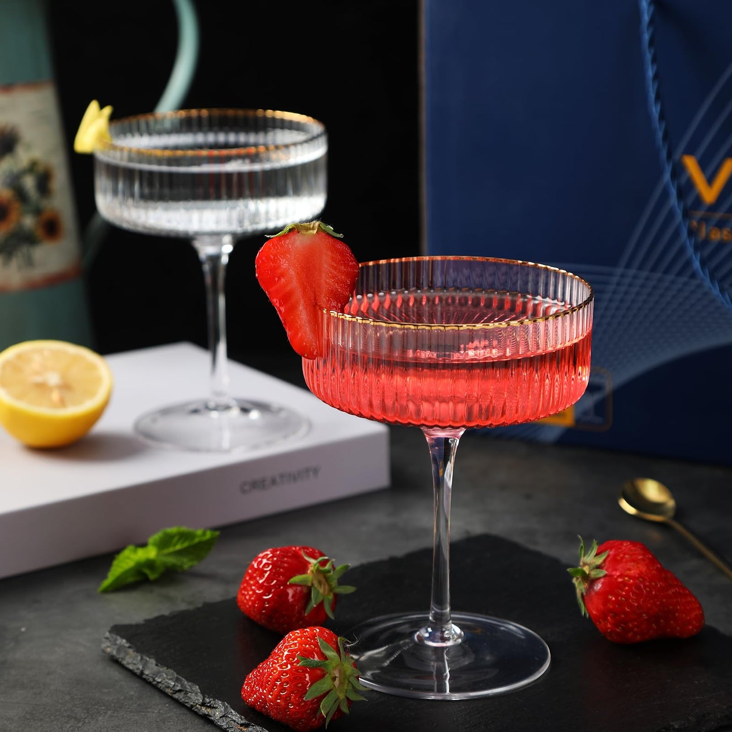 Coupe Glasses Set of 6, Cocktail Glasses 10 oz Classic Old Styling Martini Glass Set with Gift Box Packaging Elegant Hand Blown Martini Glasses for Cocktail, Champagne, Bar and Gift