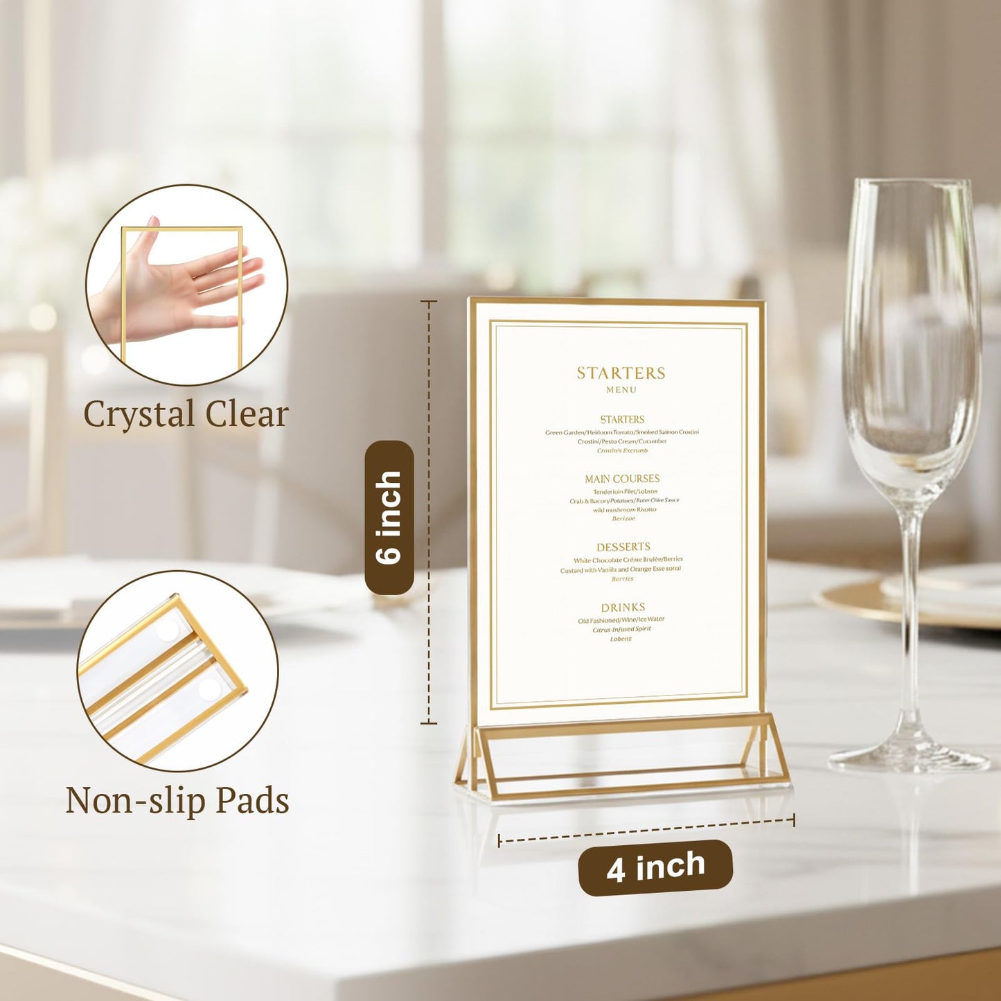EHWINE 12 Pack Acrylic Sign Holder 4 x 6, Double Sided Gold Picture Frame Stand up Table Top Sign Holders, Clear Display Stand Menu Flyer Holder for Wedding Party