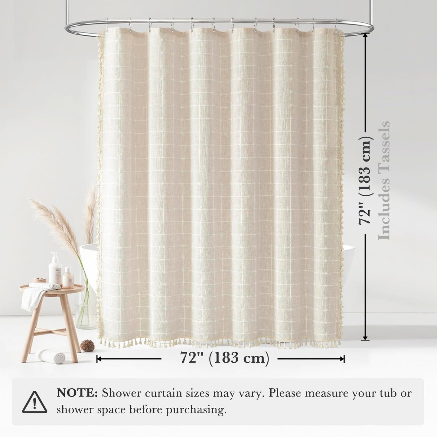 Boho Farmhouse Shower Curtain Beige Linen Shower Curtains 72 x 72 inch