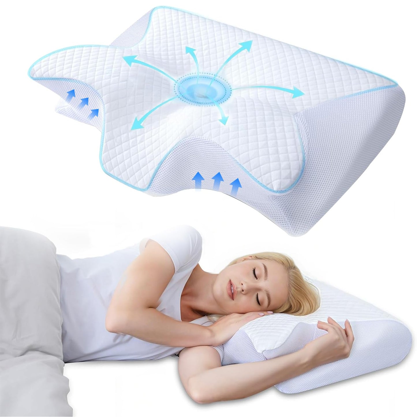 AsBellt Cervical Neck Pillow, Ergonomic Memory Foam Pillows for Neck Pain Relief with Removable Pillowcase, Contour Neck Support Pillow for Side, Back & Stomach Sleepers(White)