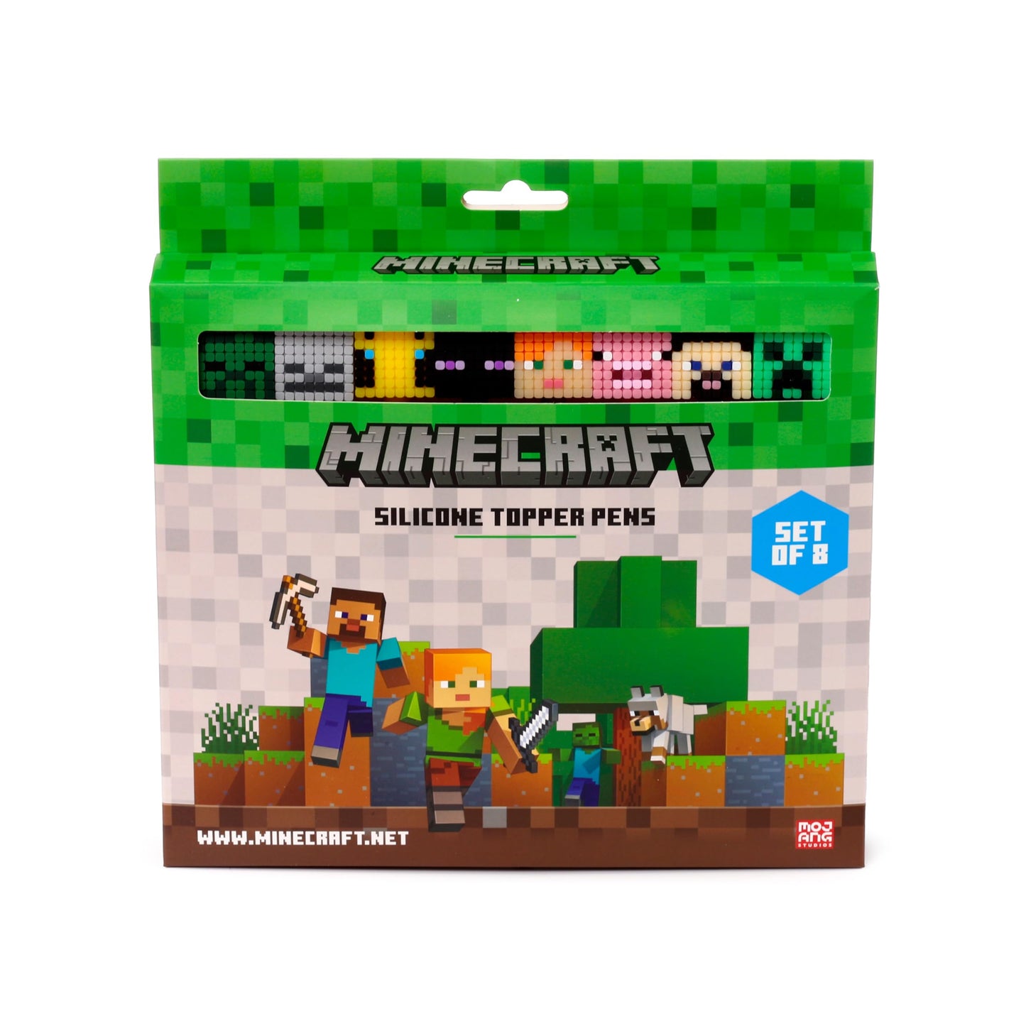 Puckator Minecraft Fine Tip Pen with Silicone Topper 8 Piece Set - Pen Stationary Set - Cool Fancy Pack of Pens Black For Office Writing College - Uni Essentials - Back to School Supplies - Non Smudge