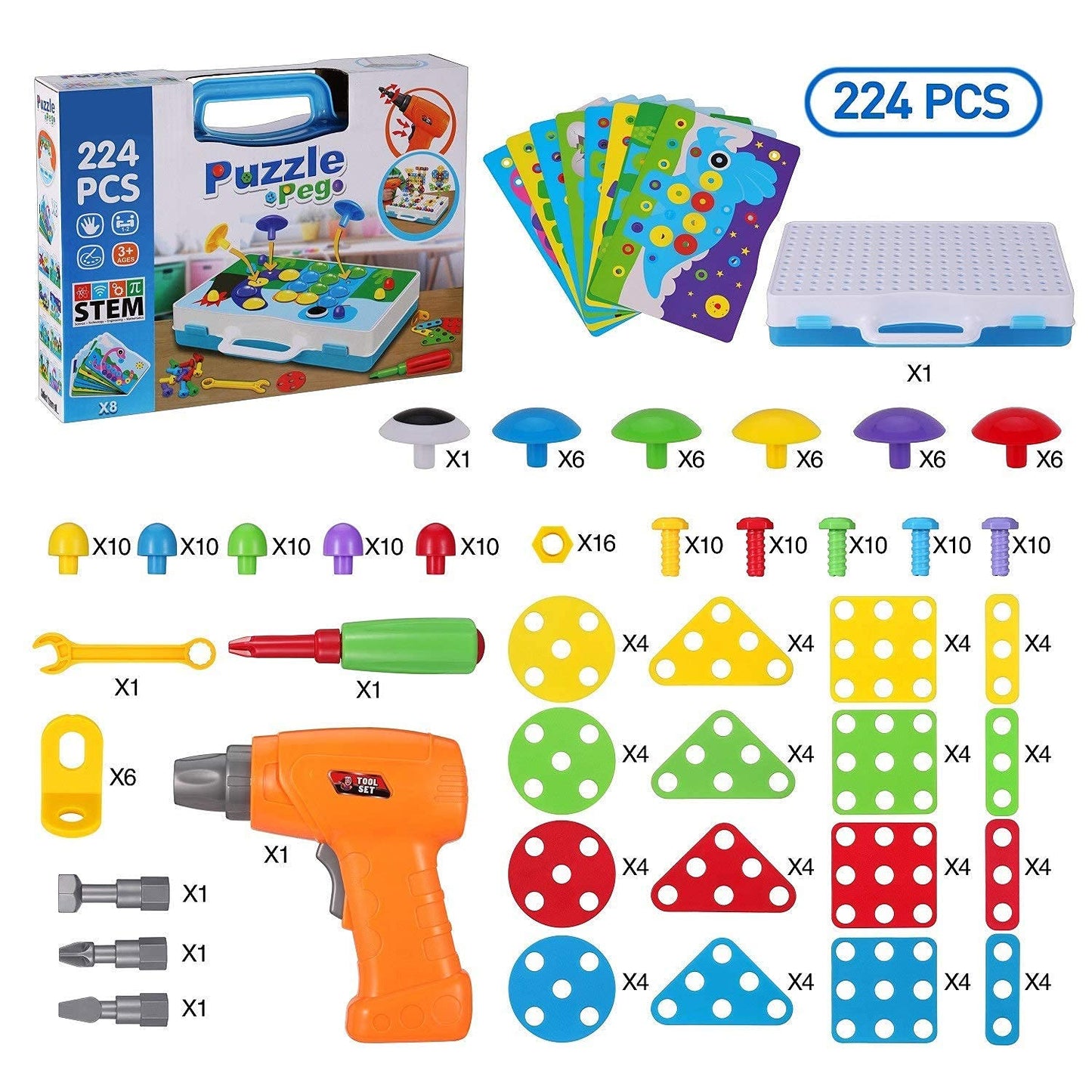 224 Piece STEM Building Set for Kids, Mosaic Drill Set Creative Puzzle Toy for Boys and Girls 4 5 6 7 8 Years Old, Design Drill Game Puzzle Block for Preschool Children Gift