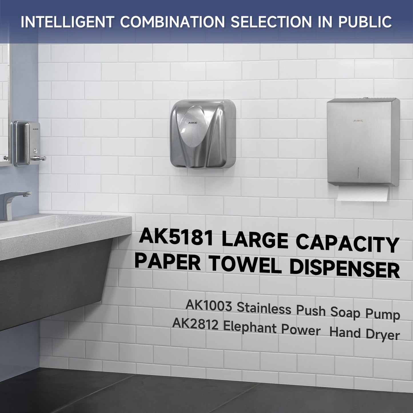 AIKE 400 Sheets Multifold Commercial Stainless Steels Wall Mount Paper Towel Dispenser with Lock Large Capacity Brushed AK5181 (Folded Size 10.6" x 3.9" Or Smaller)