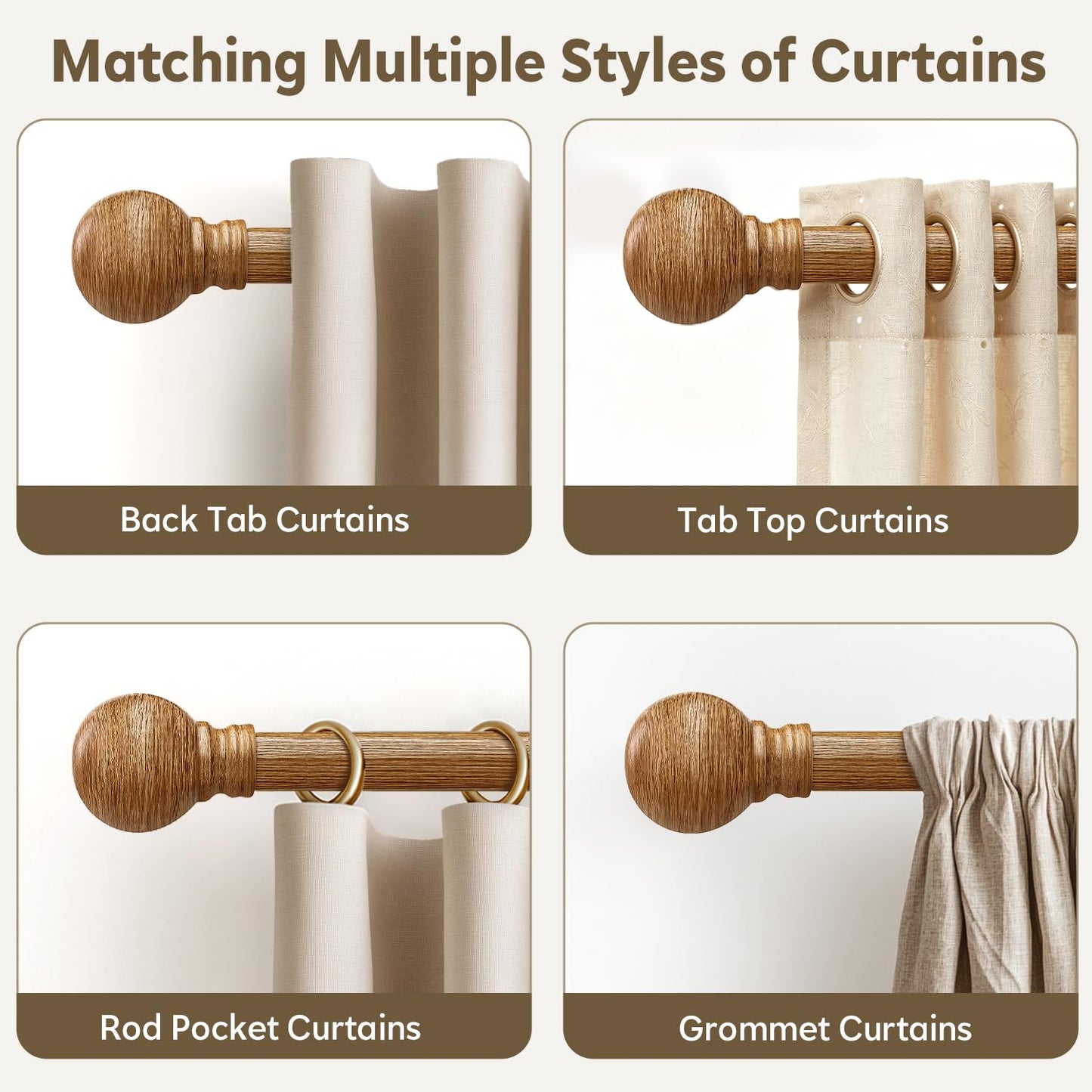 Wood Curtain Rods Set 2 Pack for Windows 48 to 84 Adjustable 1 inch Diameter Heavy Duty Window Rod Decorative Wooden Modern Boho Curtain Rods with Brackets Large Long Expandable Single Window Rod