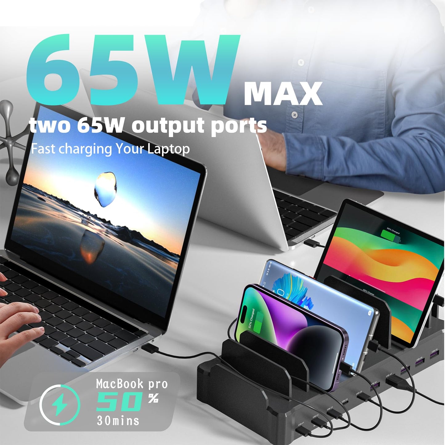 320W Charging Station for Multiple Devices, Zobirez 10-Port USB C Fast Charger Stations for MacBook, iPhone, Android Cell Phone, iPad, Tablet, Family Multi-Device Organizer Charging Dock, Black