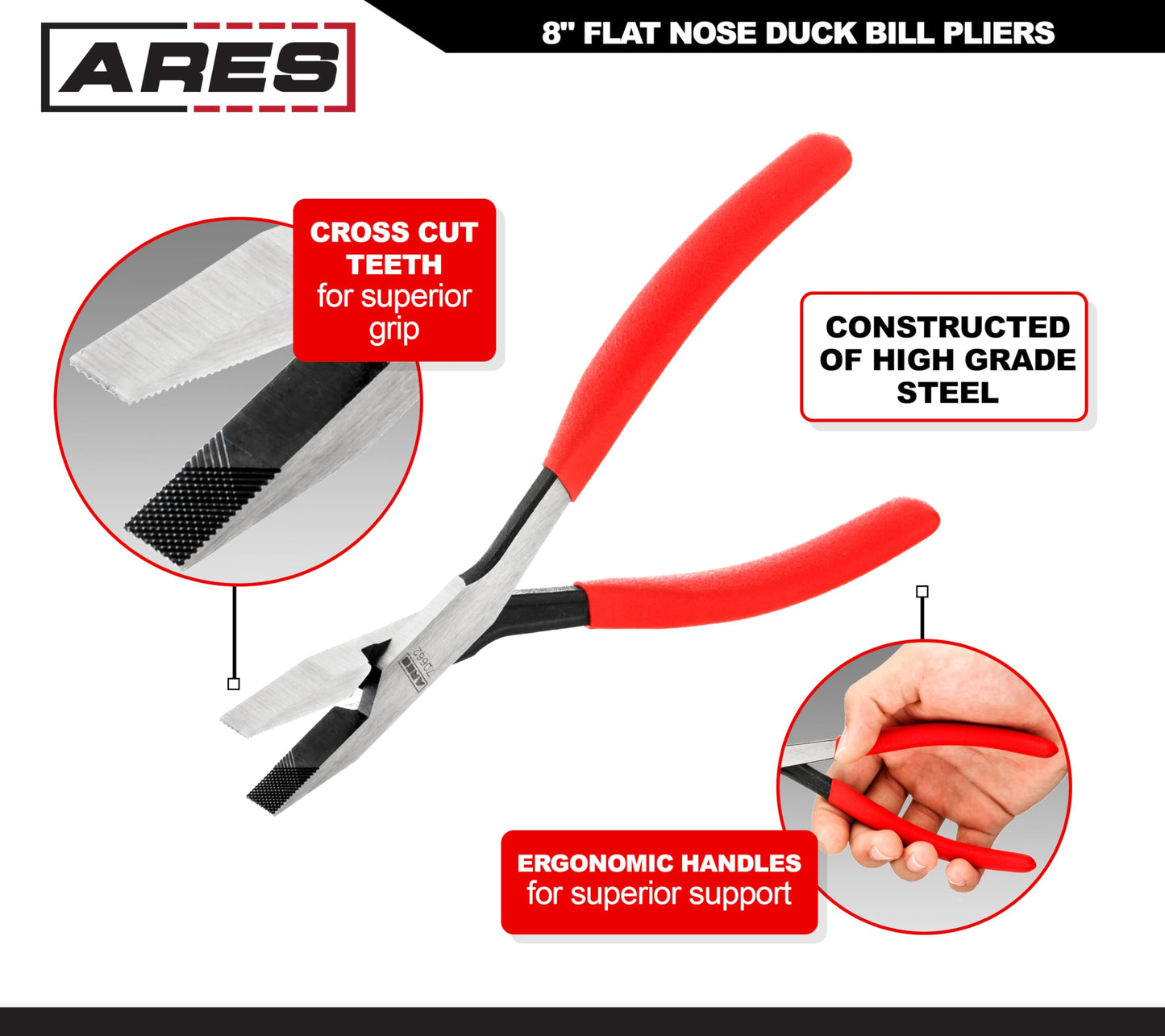 ARES 70662-8-inch Flat Nose Duck Bill Pliers - Cross Cut Teeth for Superior Gripping Power - for Hard to Reach Narrow Spaces & Limited Clearance Areas - Automotive Electrical Work & More