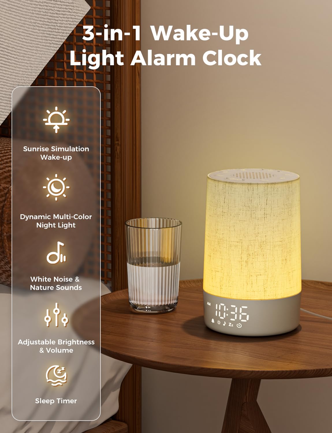 LIORQUE Sunrise Alarm Clock Wake Up Light 30 Soothing Sounds & White Noise, Digital Alarm Clock with Mains Powered for Bedroom, Adjustable 10 Brightness Levels & Night Light for Kids Adults