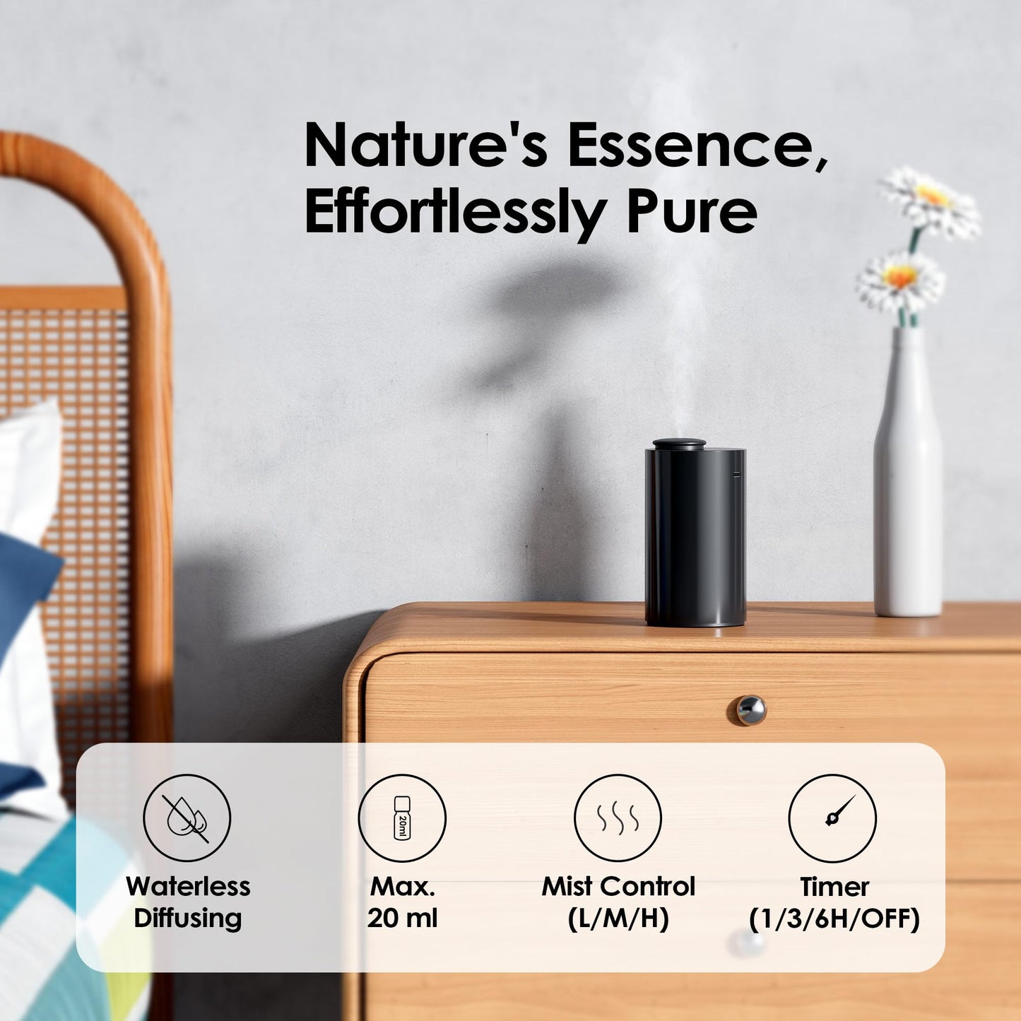 Airversa Waterless Diffuser for Essential Oil, Car Diffsuer, Battery Operated Nebulizer, 0.7 Fl Oz/ 20mL, Cordless Mini Scent Air Machine, 3 Timers & Mist Levels for Home, Room, Car, Office, AN6 Black