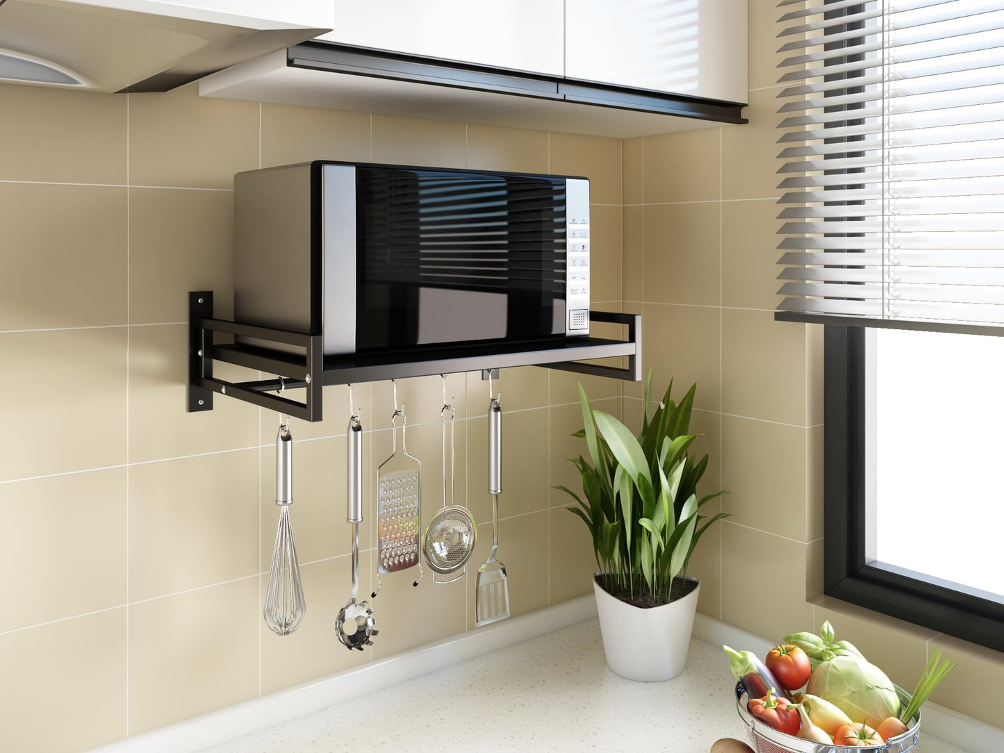 ABCOOL Wall Mount Microwave Oven Shelf, Carbon Steel Counter Countertop Holder Rack with Hook Rail and 3 Slidable Hooks for Kitchen Home
