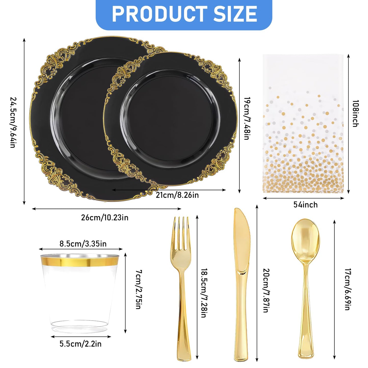 211 Piece Plastic Plates with Gold Trim, Fancy Disposable Dinnerware Set Include Dinner Plates, Dessert Plates, Cups, Napkins, Silverware and Tablecloth for Party Wedding Halloween, 30 Guests