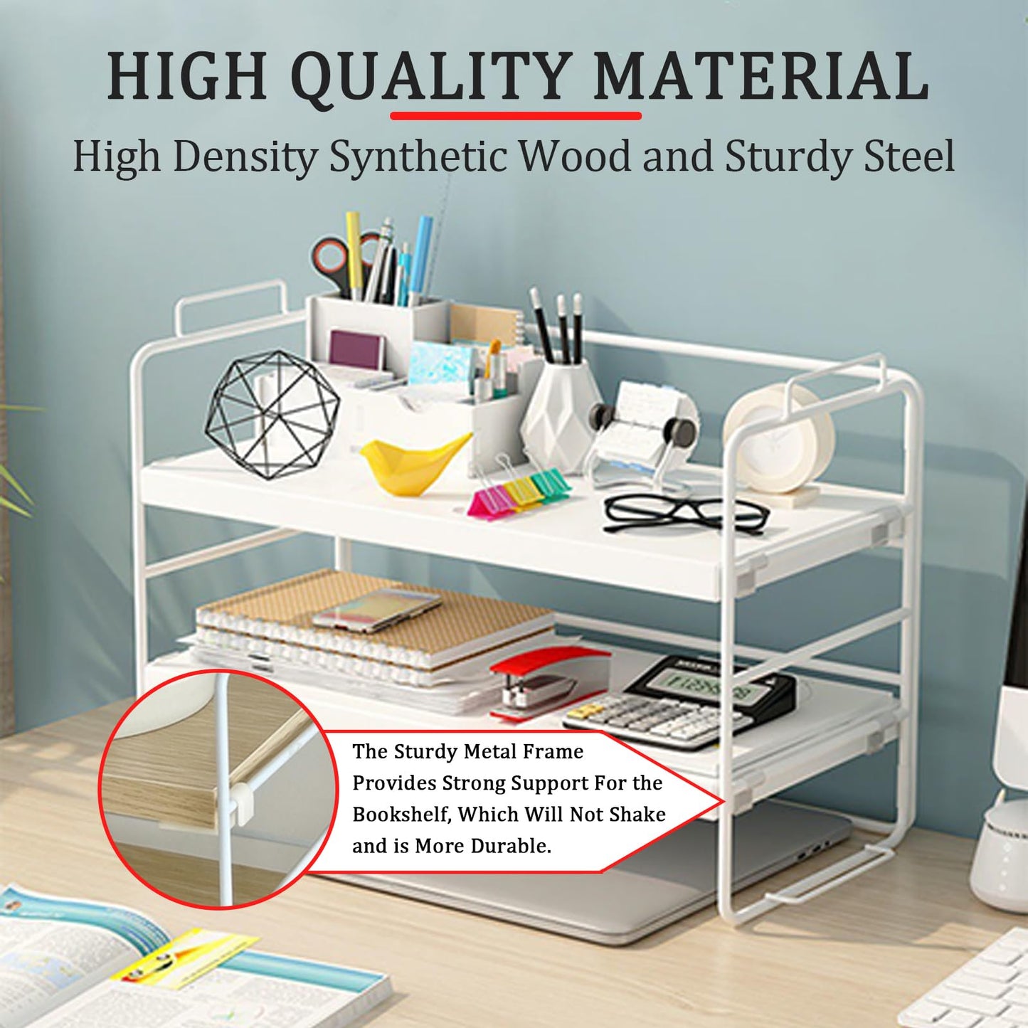 Desktop Organizer Shelf, 3 Tiers Desktop Bookshelf, Adjustable Desk Display Shelf, Small Bookshelf for Desktop Storage, Countertop Bookcase for Office Supplies, Home Decor and Kitchen (White)