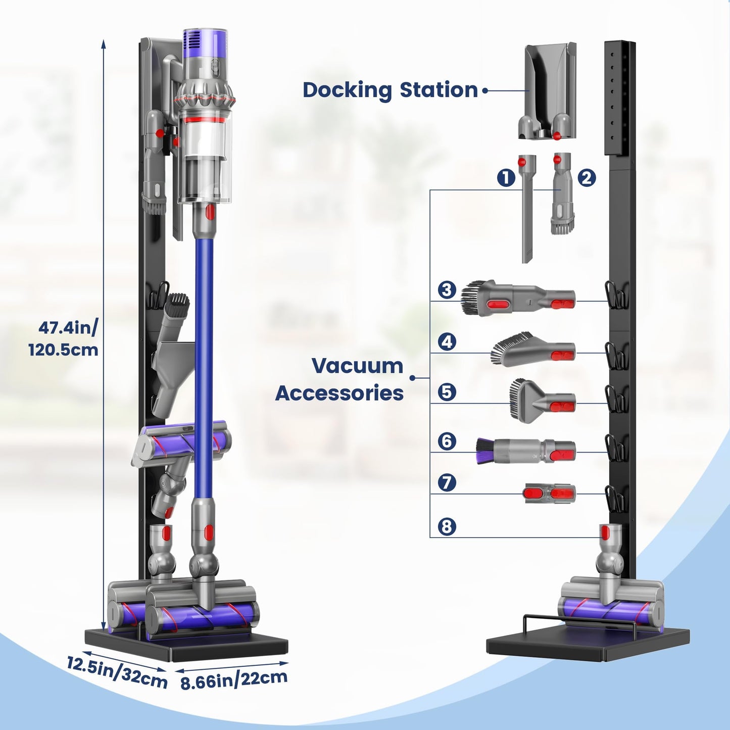 Vacuum Cleaner Stand Compatible with Dyson V15, V12, V11, V10, V8, V7, V6 & G5 – Freestanding Holder with Accessory Storage, No Drilling Required, Easy Installation
