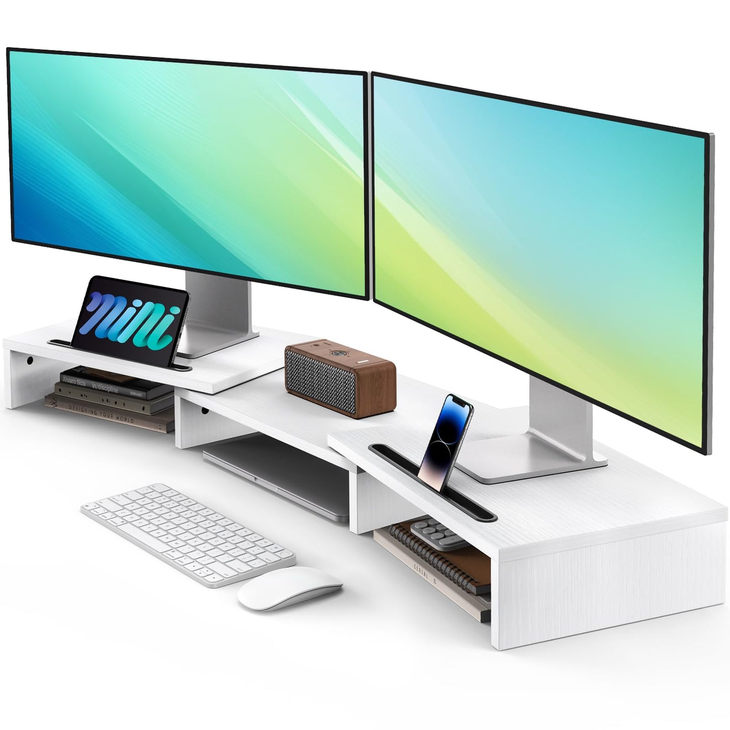 AMERIERGO Dual Monitor Stand -Adjustable Length and Angle, Computer Monitor Stand w/2 Slot, Desktop Organizer, Dual Monitor Stand Riser for PC, Computer, Laptop, White