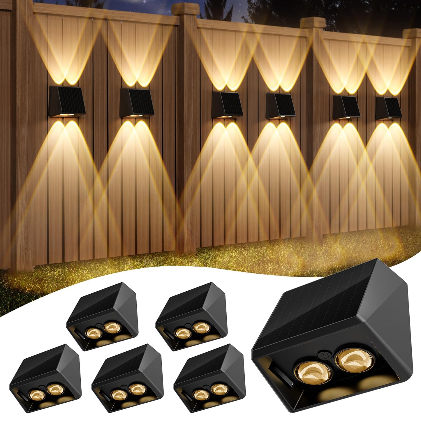 Quntis RGBCW Solar Lights Outdoor 6 Pack, 13 Color Mode & Up/Down Lighting Solar Fence Lights, Warm White/Cool White/RGB Solar Garden Lights, IP65 Waterproof Solar Lights for Deck Patio Yard Step Wall