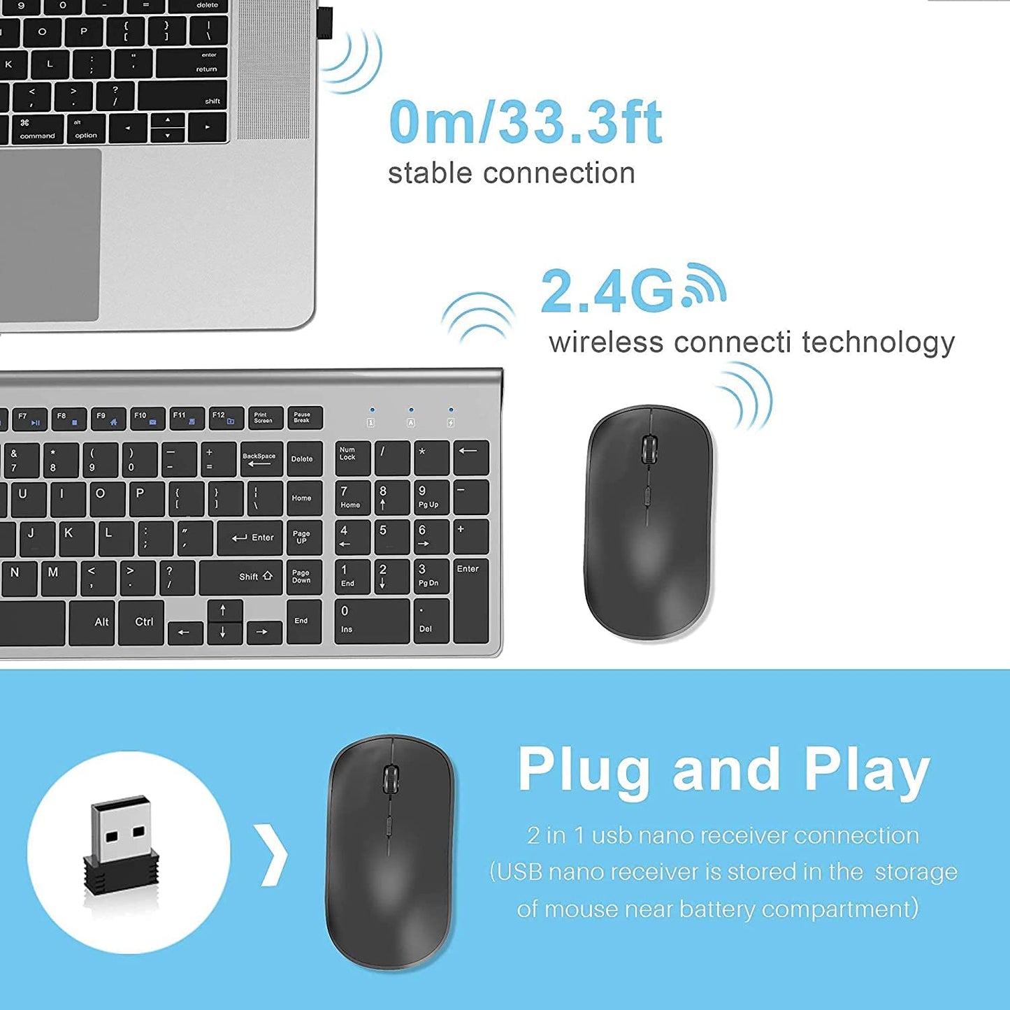 J JOYACCESS Wireless Keyboard and Mouse Combo,2.4G Ergonomic Whisper-Quiet Compact Wireless Computer Keyboard Mouse Designed for Windows, Mac,PC, Laptop,Tablet - Black Grey