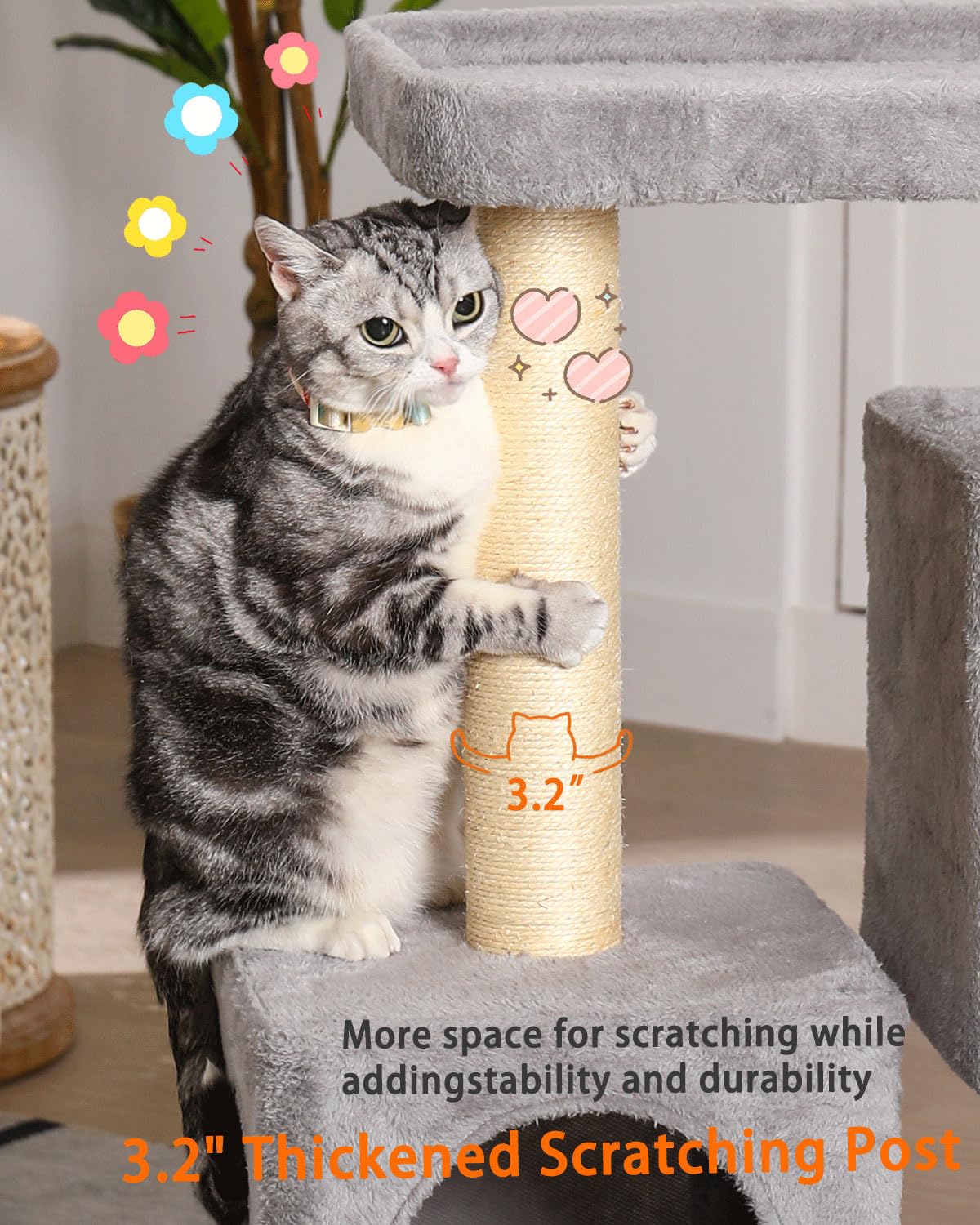 Cat Tree for Indoor Cats, Komicoll 36 Inch Tall Cat Tower with 2 Cat Condos and Large Plush Perch with Sisal Scratching Post,Pom poms Hanging Balls, Cat Climbing for Cats Indoor, Gray