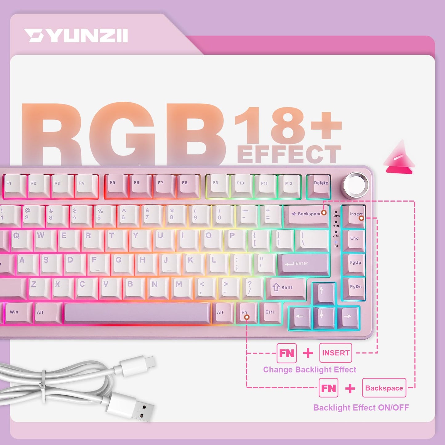 YUNZII B75 PRO Wireless Mechanical Keyboard,75% Layout with Knob,Hot Swap Gasket Custom Structure,Creamy Pre-lubed Switches,RGB Backlit,Bluetooth/Type-C/2.4G for Win/Mac(Cocoa Cream V2 Switch,Purple)