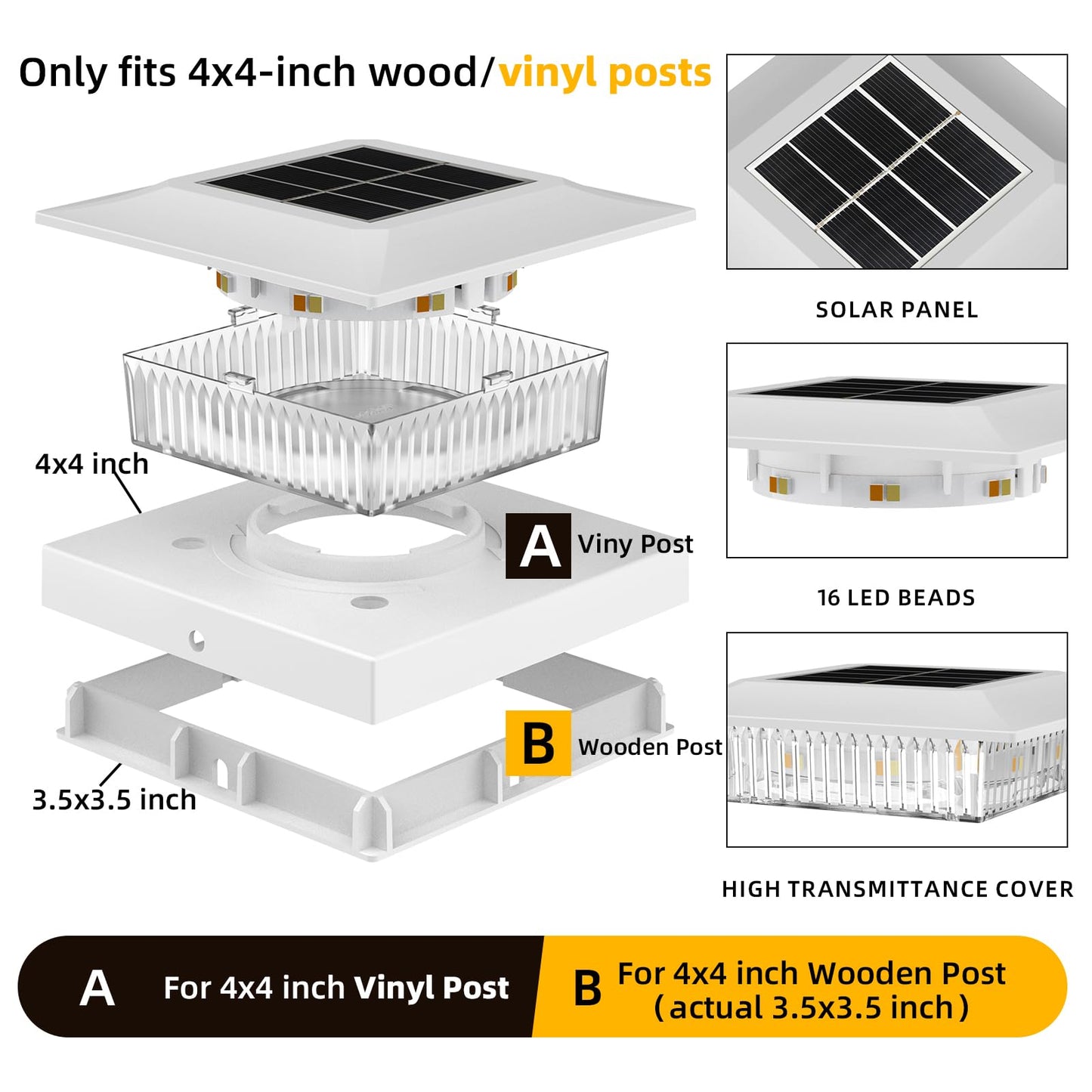 4x4 Solar Post Cap Lights 12 Pack, Fence Post Solar Lights Warm & White Waterproof Outdoor Fence Lights Fit 4x4 Wood/Vinyl, Lights for Fence, Deck, Patio, Garden Decor, White
