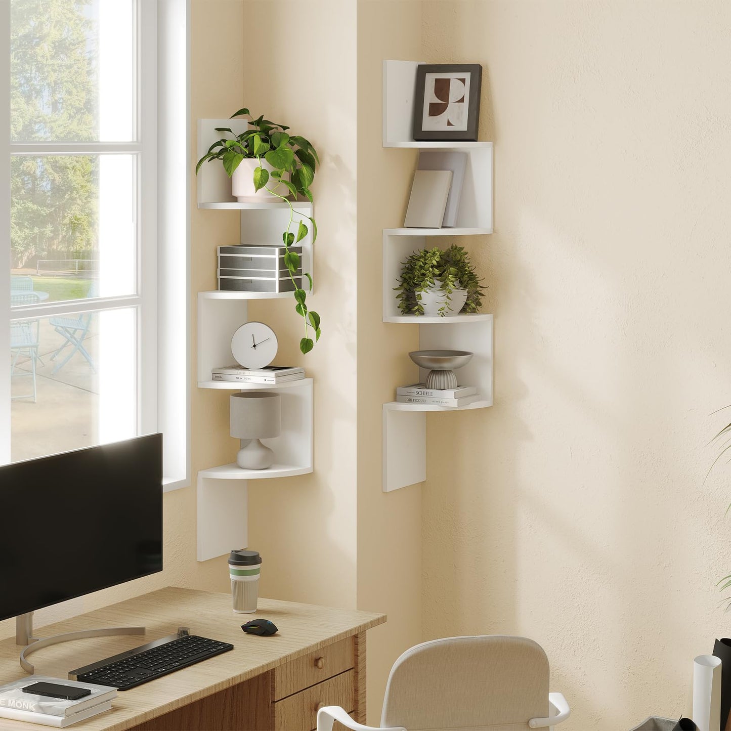 HOOBRO Corner Shelf Wall-Mounted, Set of 2 Floating Corner Shelves, 4-Tier Corner Bookshelves for Wall Decor in Living Room, Bedroom, Bathroom, Home Office, White WT25BJP201