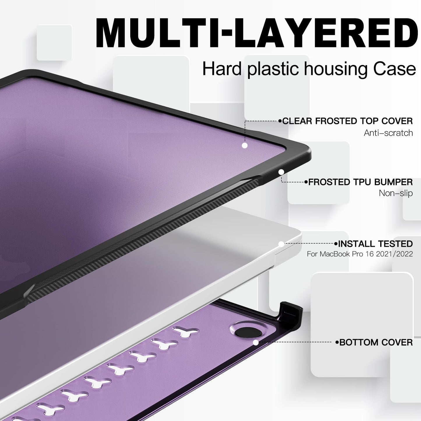Batianda Ultimate Protection Case for New MacBook Pro 16 inch Model A2780 (M2 M1 Pro/Max Chip) 2023 2021 Release Matte Carbon Fiber Edges Shockproof with Keyboard Cover and Screen Protector,Purple