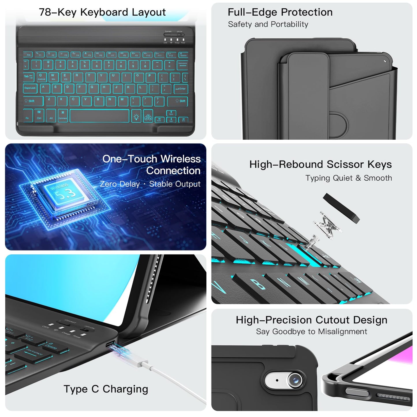 RAYMCRAFT for iPad 11th (A16, 2025)/10th Generation Case with Keyboard, 360° Rotatable Case & Detachable Backlit Keyboard, Precision Cutouts and Pen Holder for iPad A16 11''/10th 10.9'', Black