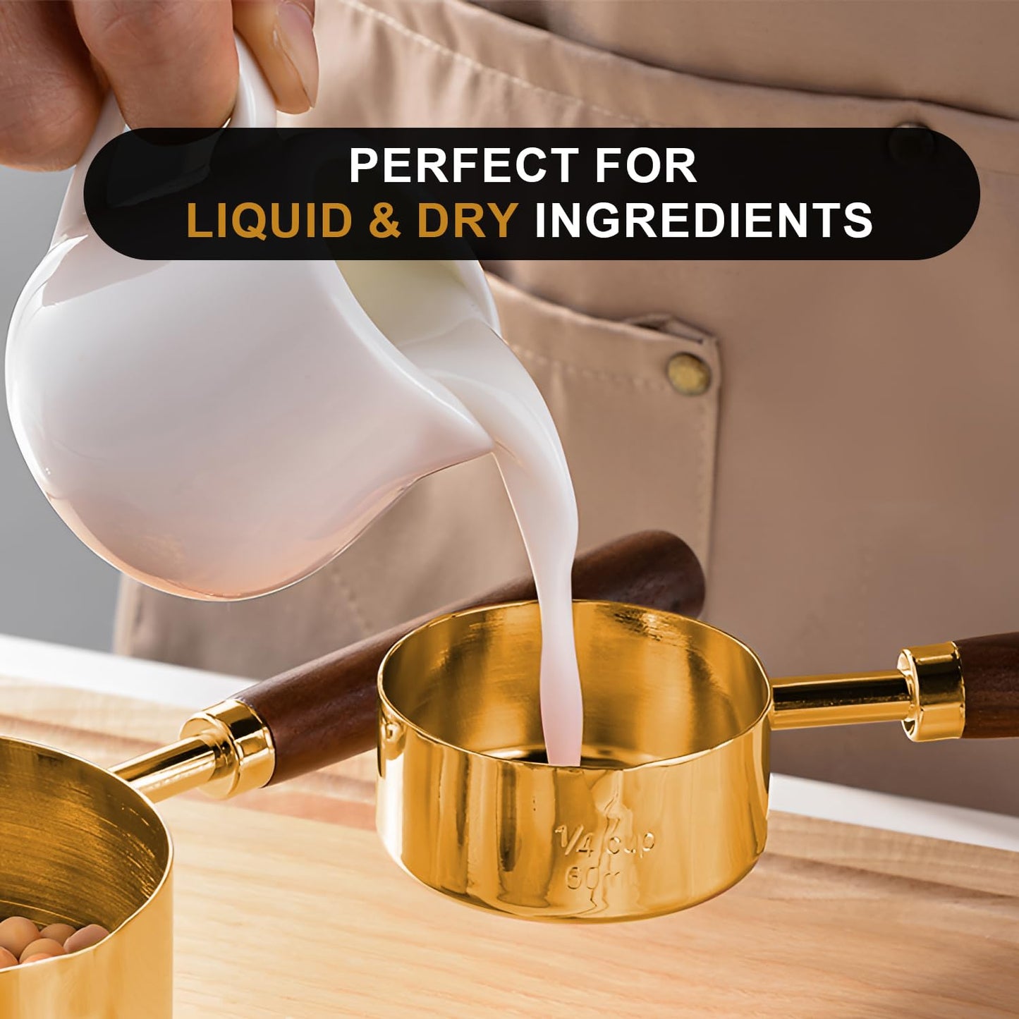 Gold Measuring Cups and Spoons Set with Wood Handles, Premium Stainless Steel Measuring Spoons and Measuring Cups Set 8 Pcs (Gold)