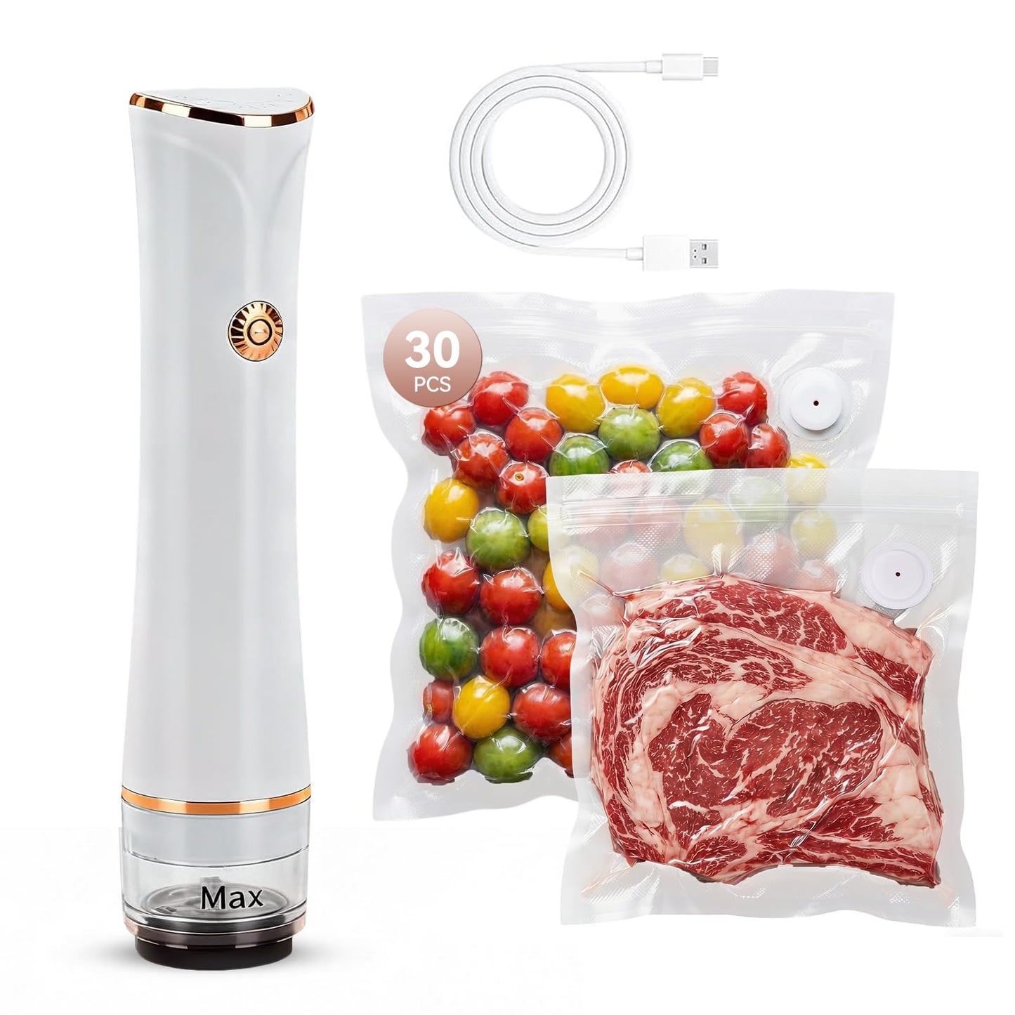 Vixino Compact Vacuum Sealer for Food (Vacuum Sealer Machine + 30 Reusable Vacuum Bags) Powerful Handheld Vacuum Sealer Machine, Extend Freshness up to 10X Longer, Portable & Cordless