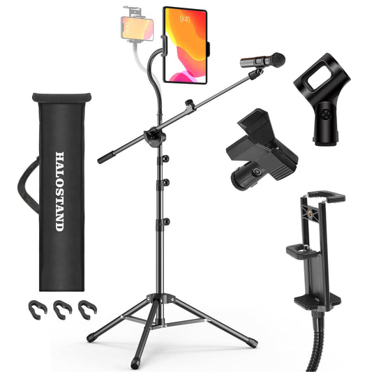 Microphone Stand with IPAD Clip, Floor Foldable Mic Stand with Phone Clip,Heavy Duty Tripod Boom Arm with 2 Mic Clips and Carrying Bag for Singing Karaoke Stage