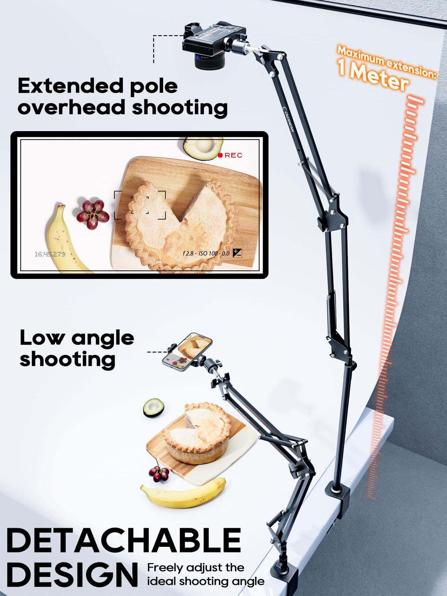 CACENCAN Overhead Camera Mount, 5lb Horizontal Load-Bearing, 360° Adjustable Stand for Desk, Flexible Camera Arm Desk Mount, with Phone Clamp, Tabletop Mount for DSLR Camera/Webcam/Microphone