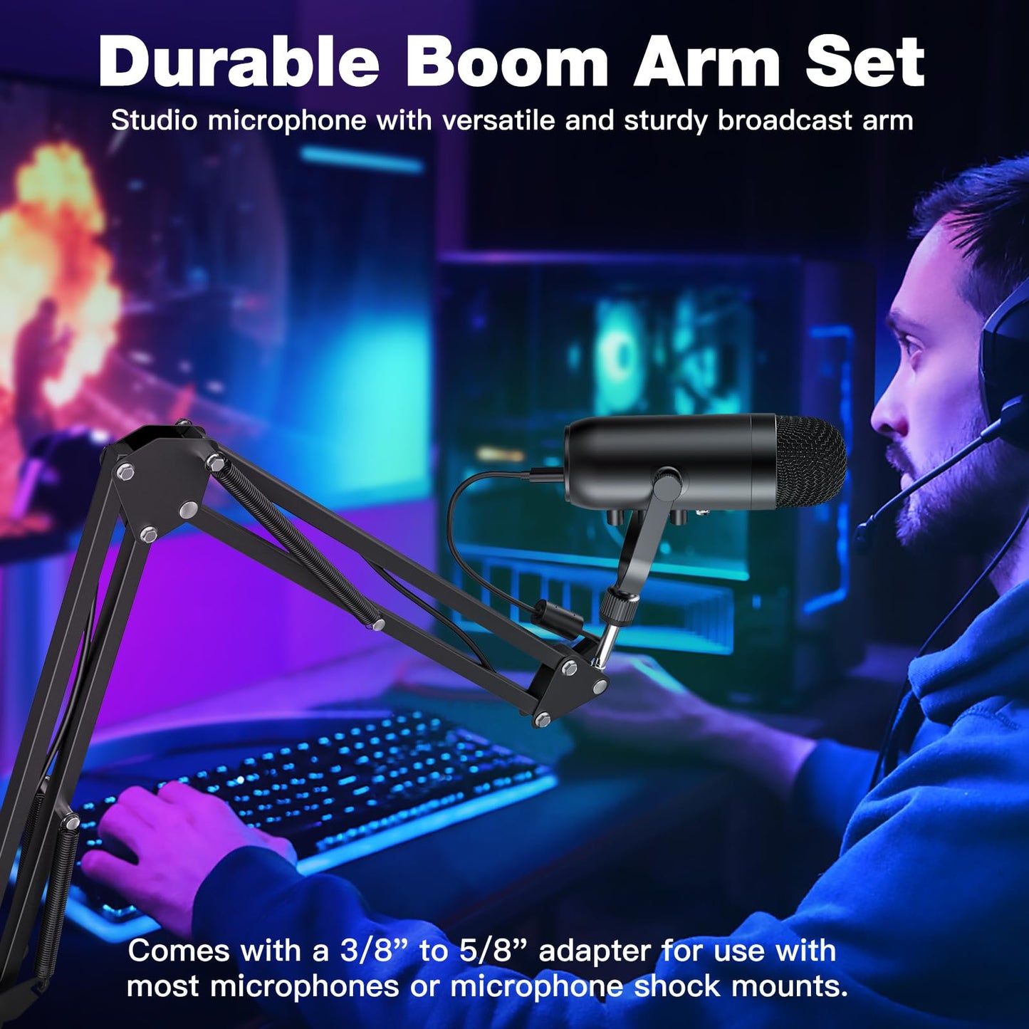 USB Gaming Microphone,ZealSound Noise Cancellation Mic Kit for Phone PC Computer Tablet with Boom Arm Stand,Podcast Condenser Mic set,Mute Button,Echo&Volume Gain Knob,Monitor,Streaming Recording ASMR