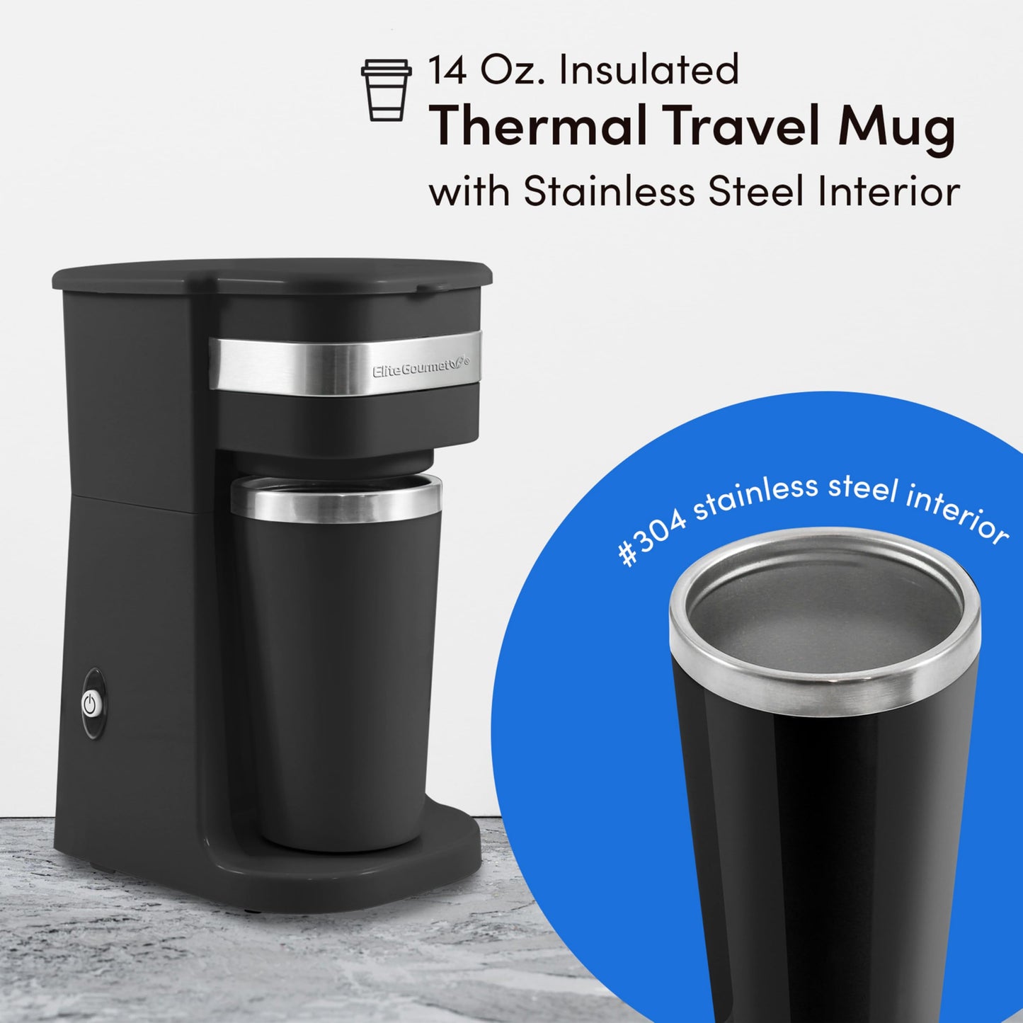 Elite Gourmet EHC111A Maxi-Matic Personal 14oz Single-Serve Compact Coffee Maker Brewer, Includes Stainless Steel Interior Thermal Travel Mug, Compatible with Coffee Grounds, ReCaable Filter, Black