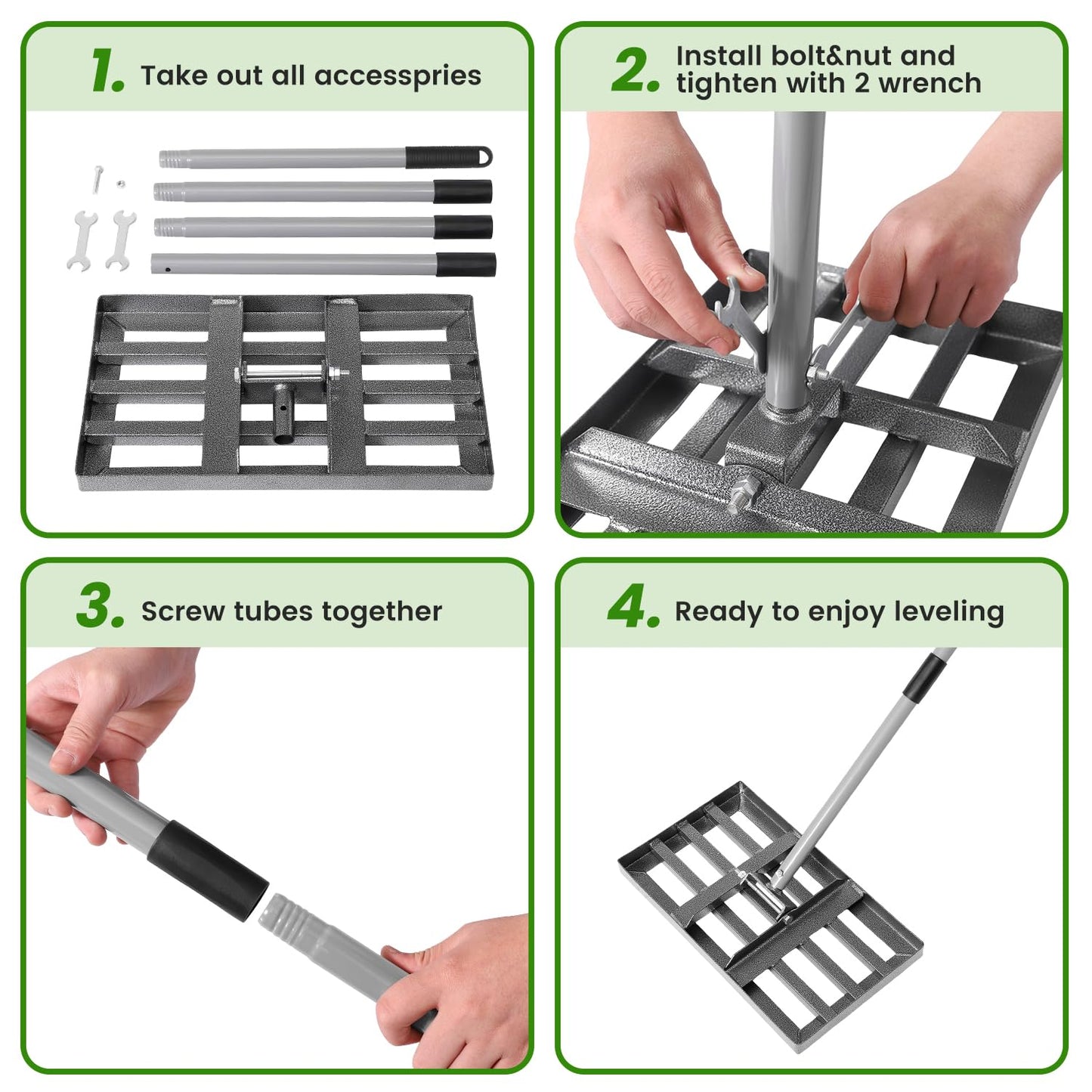 REAPALOT Lawn Leveling Rake, Lawn Leveler with Stainless Steel Long Handle, Heavy Duty Yard Level Tool for Leveling Soil, Dirt Or Sand Surfaces, Gardening Gloves Gift Included (17x10in)