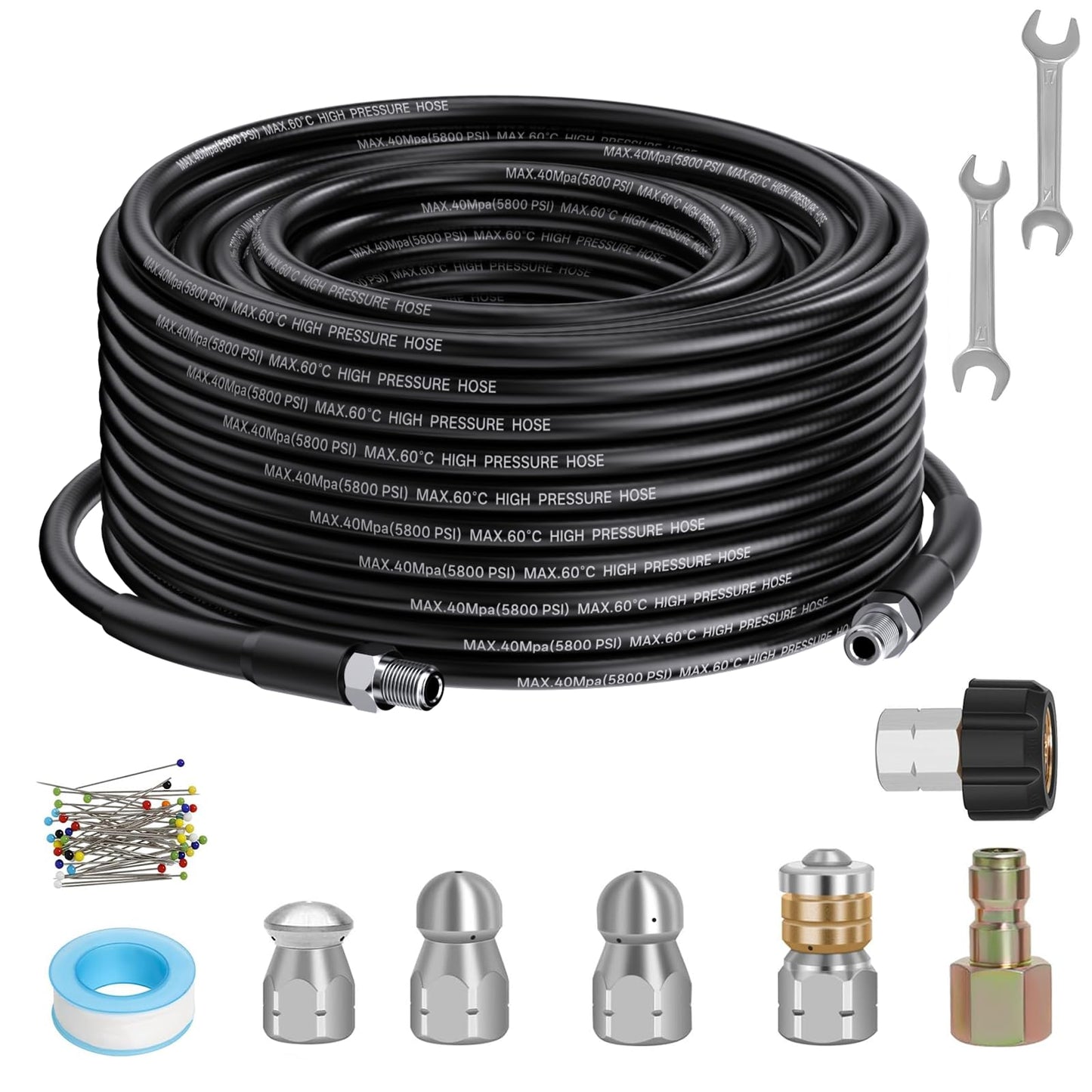 XENDY WASHER 1/4 Inch NPT 100 FT Sewer Jetter Kit for Pressure Washer, 5800PSI Jet Drain Cleaner Hose, 1/4 Inch NPT, Rotating&Button Nose Sewer Jetter Nozzle, Pearl Pin, Waterproof Tape and 2 Spanner