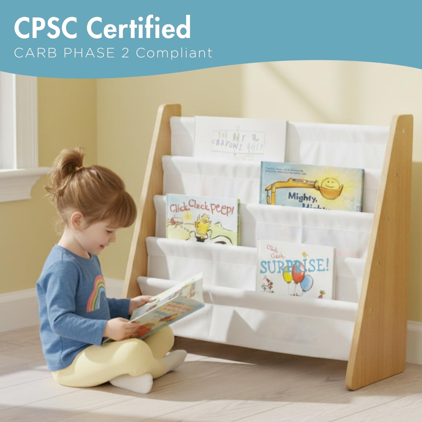 Humble Crew Kids Book Rack Storage Bookshelf with Deep Sleeves, Universal, Natural/White