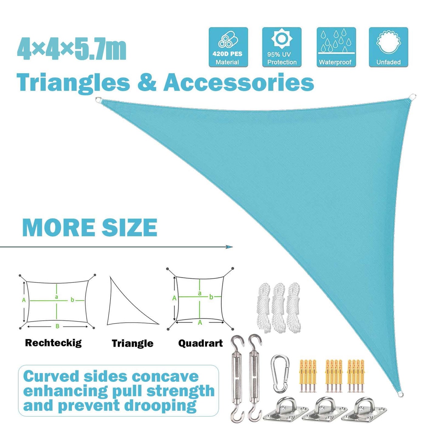 Sunal Blue Triangle Sun Shade Sail 13'x13'x19' with Installation Fixing Kit,Outdoor Water Resistant Shade Sail,Garden Sun Sail,PES Polyester Incl Fixing Rope for Balconies,Terraces and Gardens