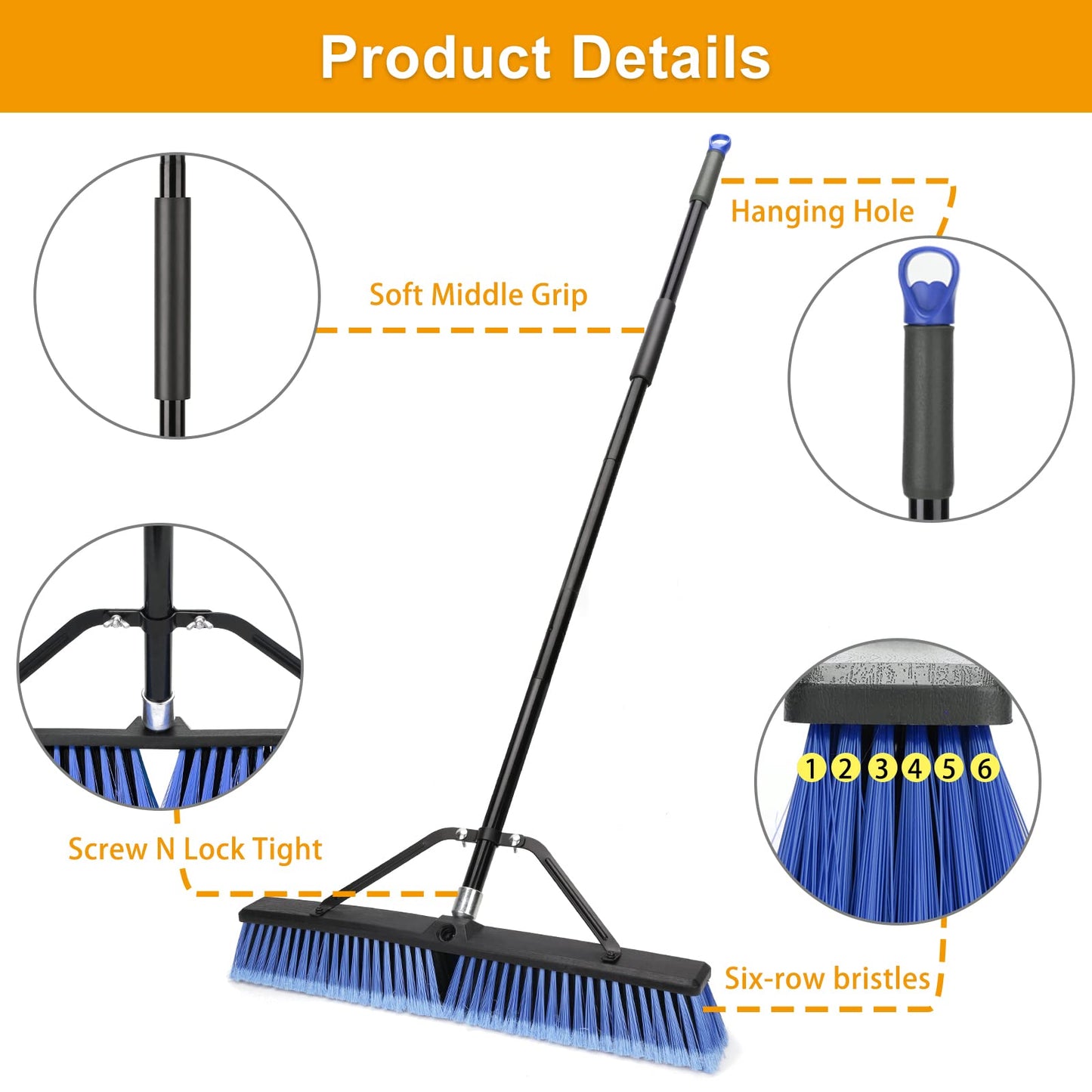 24 inches Push Broom Outdoor for Deck Driveway Garage Yard Patio Concrete Floor Cleaning-Blue