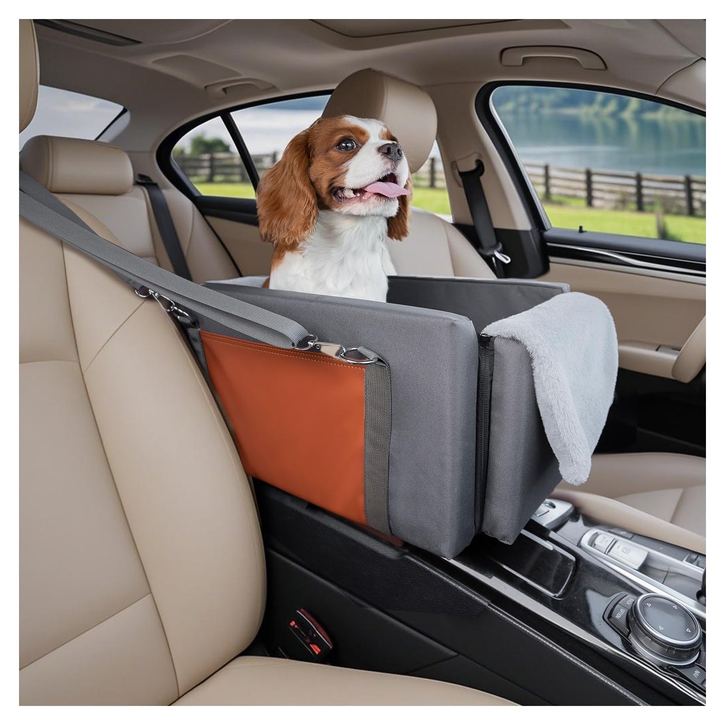 Avont Center Console Dog Car Seat, Armrest Middle Console Booster Travel Carrier for Small Dogs Cats, Well-Cushioned, Anti-Anxiety -Dark Grey