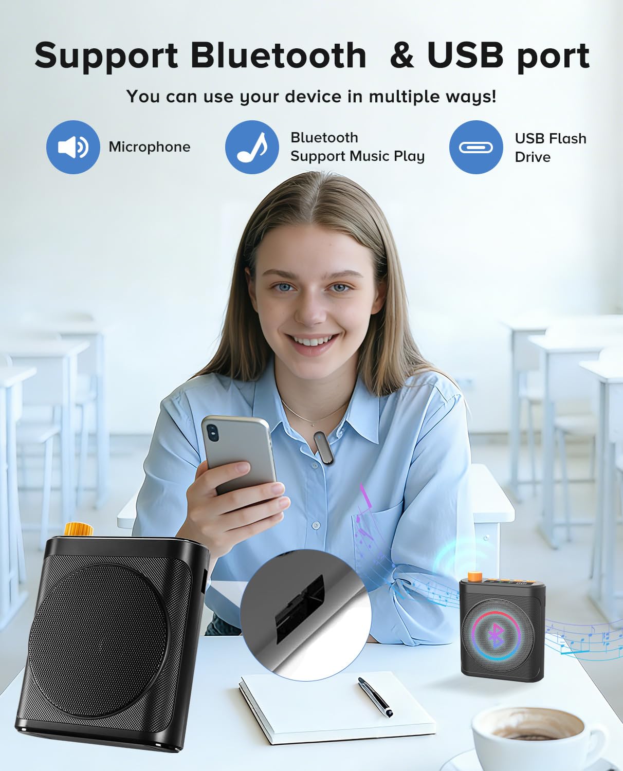 Gicorino Voice Amplifier for Teachers with Dual Magnetic Wireless Lavalier Microphones & Noise Reduction - Bluetooth Portable Rechargeable Speaker for Classroom, Meetings, Yoga, Speeches (Deep Black)