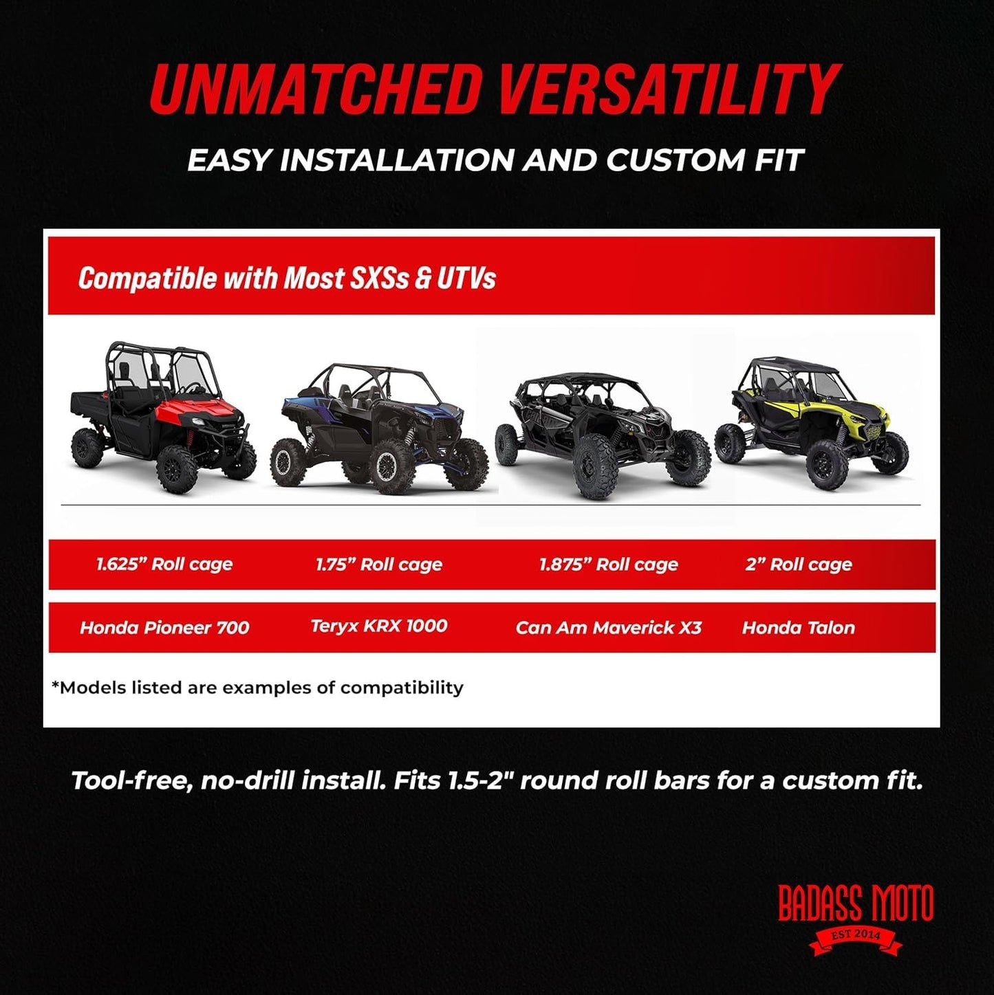Badass Moto Roll Bar Grab Handles - SXS, ATV, & UTV Grab Handles Grips for 1.5 to 2" Rollbar - Black & Red Hand Grip Grabs with Stainless Steel Buckles for Honda, Teryx, Can-Am, Polaris, More. 2 Pack