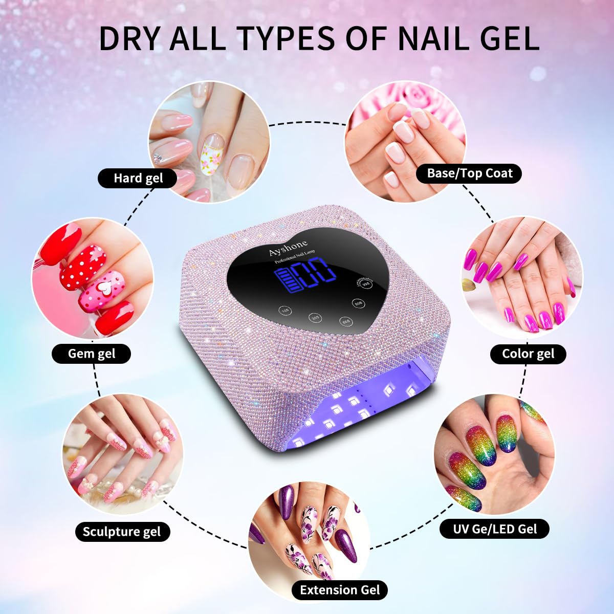 Ayshone Cordless UV LED Nail Lamp,72W Rechargeable Nail Dryer Gel Polish Light with Large LCD Display,Rechargeable Nail Curing Lamp for Salon & Home (Pearl Pink)