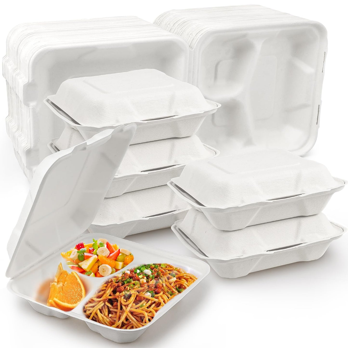 8X8" 3 Compartment 80-Pack Plastic Clamshell Take Out Food Containers, Heavy Duty To-go Disposable Lunch Box For Cake, Sandwich, Salad,Dessert, Restaurant Meal Prep Packaging Catering Hinged Container