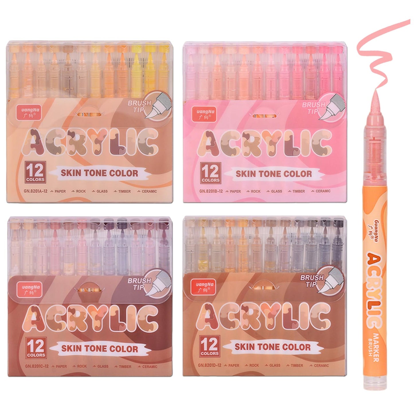 48-Pack Skin Tones Acrylic Paint Markers - 4 Series Soft Brush Tip Pens for Portrait & DIY Anime Art, Non-bleeding, Waterproof & Layering