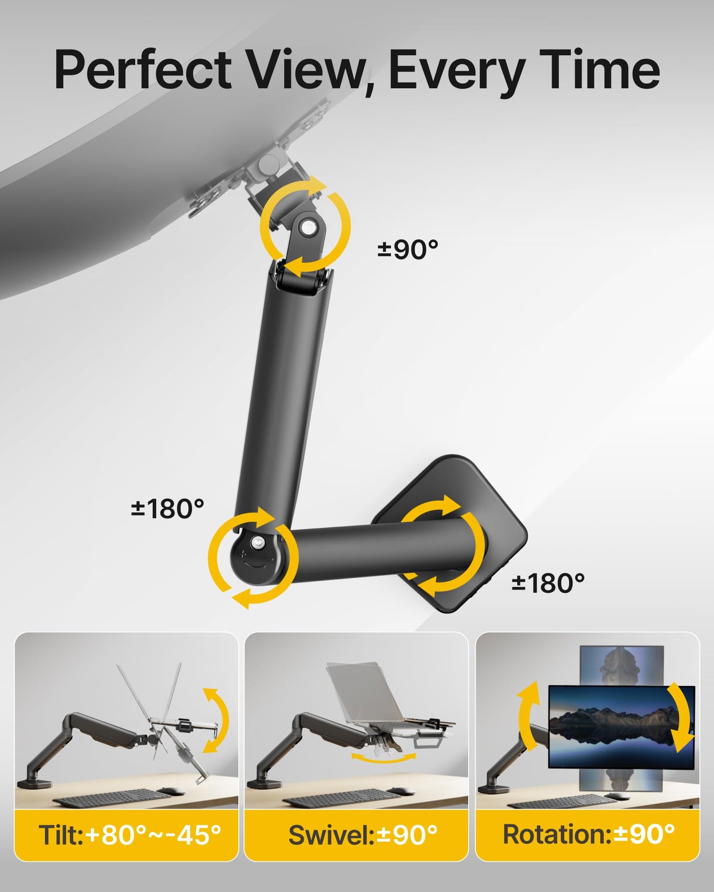 monTEK Laptop Arm Mount for Desk, 2-in-1 Monitor & Laptop Stand with Adjustable laptop Tray, Fits Max 18" Notebook and 32" Screen, Aluminum Single Monitor Holder with VESA 75/100, Clamp/Grommet, Black