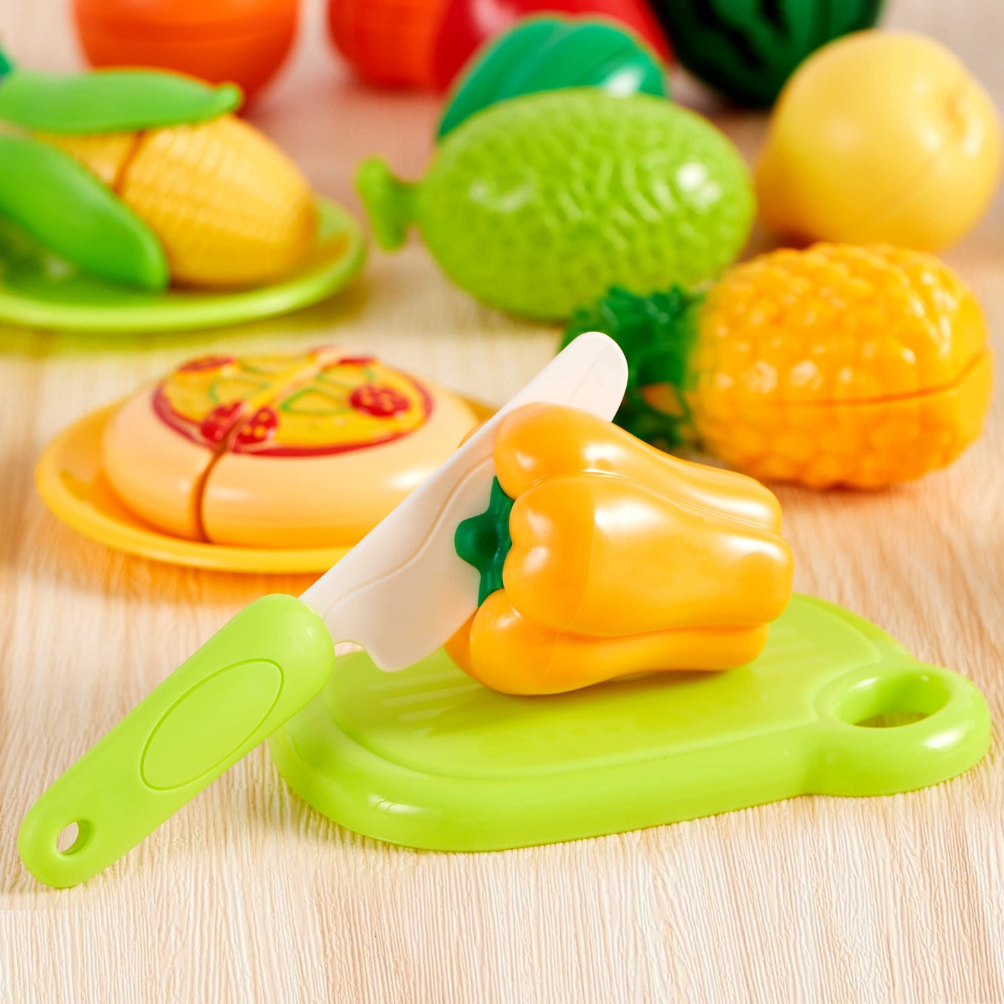 JOYIN 68Pcs Cutting Play Food Toy for Toddlers Kitchen, Fake Food for Kids Play Kitchen, Includes Plastic Fruit &Vegetables, Easter Basket, Mini Dishes and Knife, pretend role play Toys, Toddler Gifts