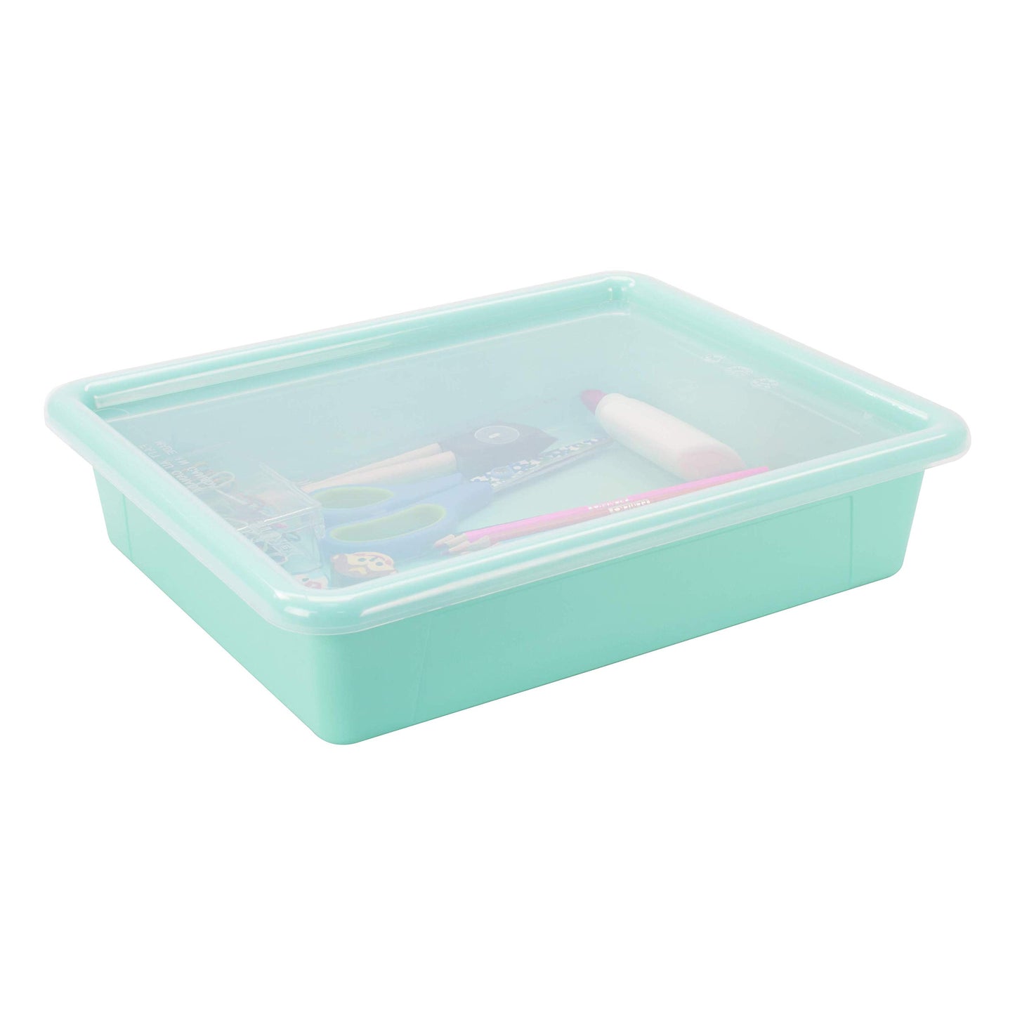 Storex Letter Size Flat Storage Tray – Organizer Bin with Non-Snap Lid for Classroom, Office and Home, Teal, 5-Pack (62541A05C)