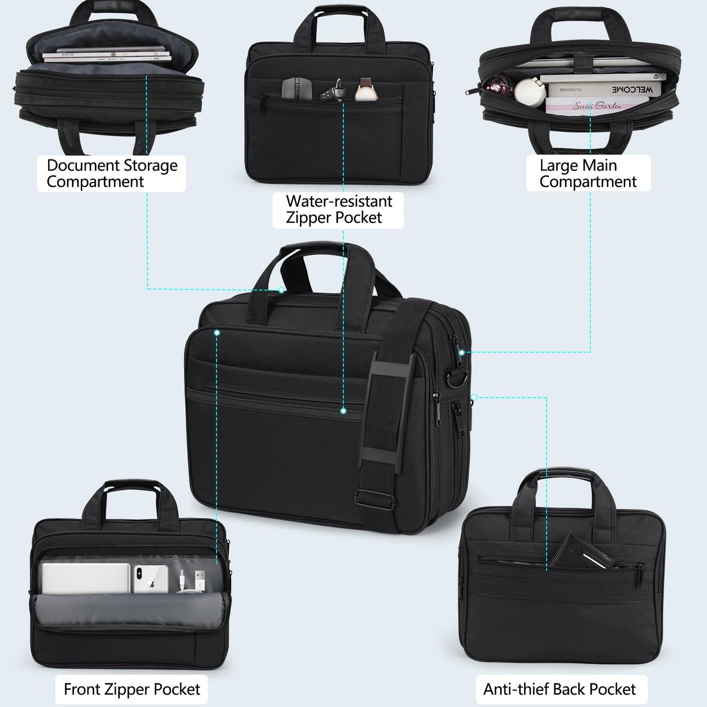 Laptop Bag 15.6 Inch Waterproof Computer Messenger Bag Expandable Briefcase for Men Women Laptop Carrying Case for Travel College Business,Black